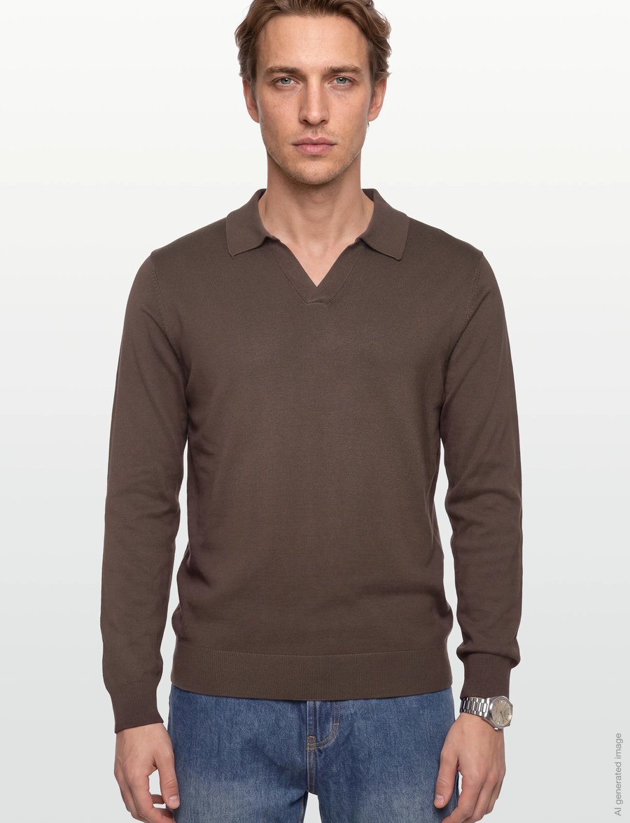 Lindbergh - Ecovero L/S v-neck polo - langärmelige strick-polohemden - dk beige - 3