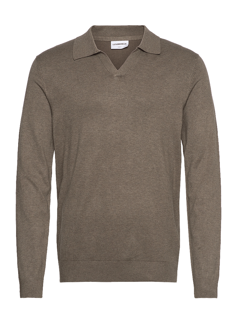 Lindbergh - Ecovero L/S v-neck polo - langärmelige gestrickte polohemden - dk sand mel - 1