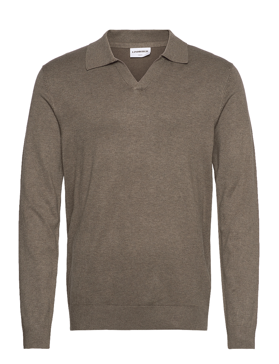 Lindbergh - Ecovero L/S v-neck polo - langärmelige gestrickte polohemden - dk sand mel - 1