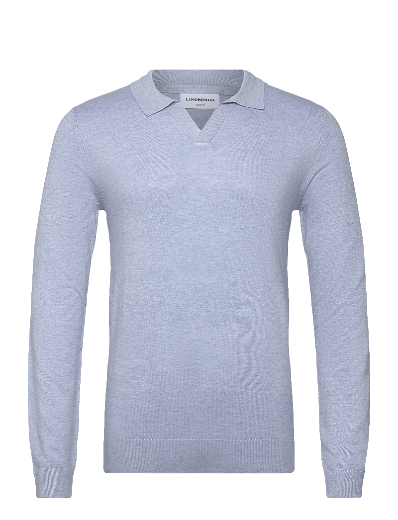 Lindbergh - Ecovero L/S v-neck polo - langärmelige gestrickte polohemden - fair blue mel - 1