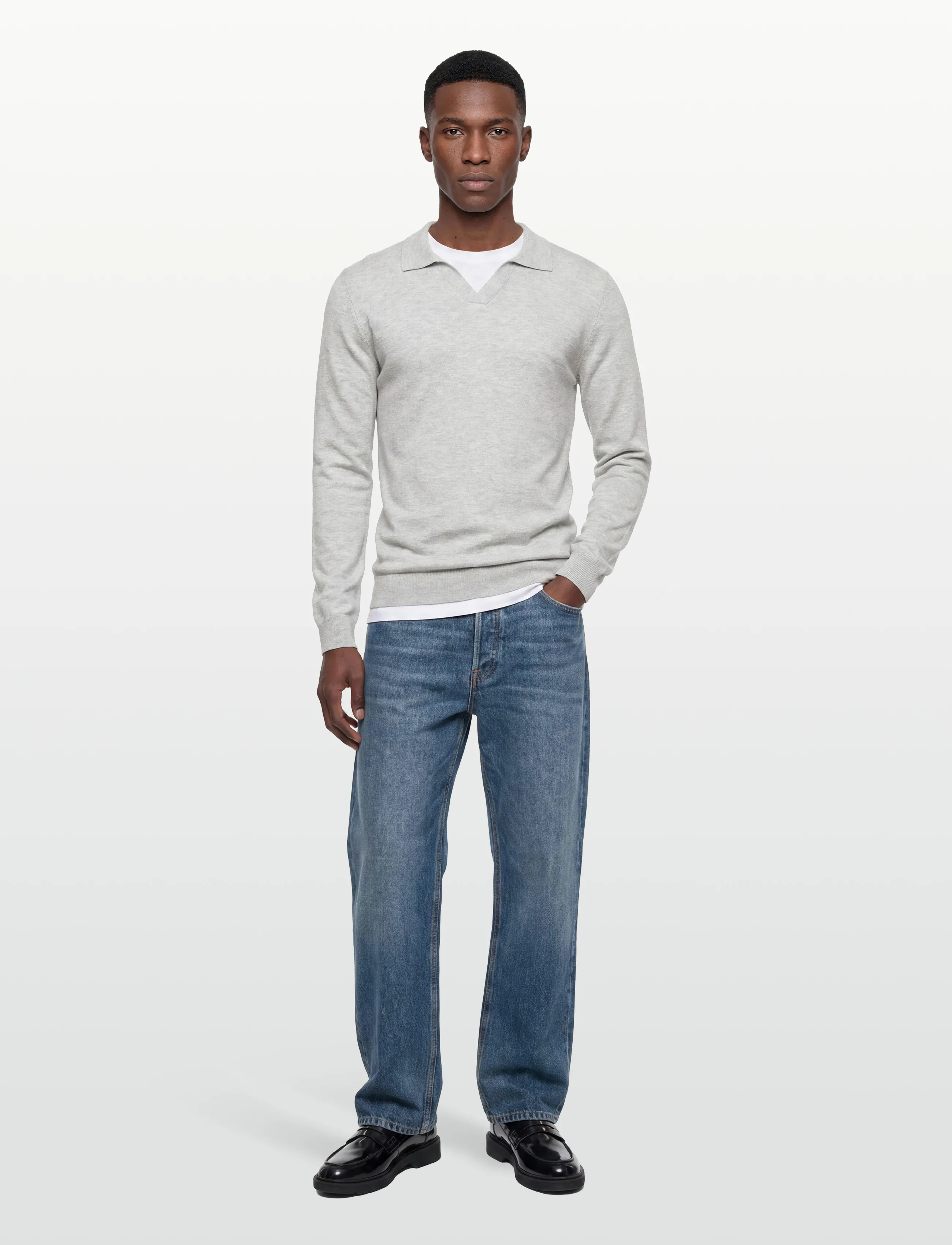Lindbergh - Ecovero L/S v-neck polo - poloer i strik med lange ærmer - fair grey mel - 0
