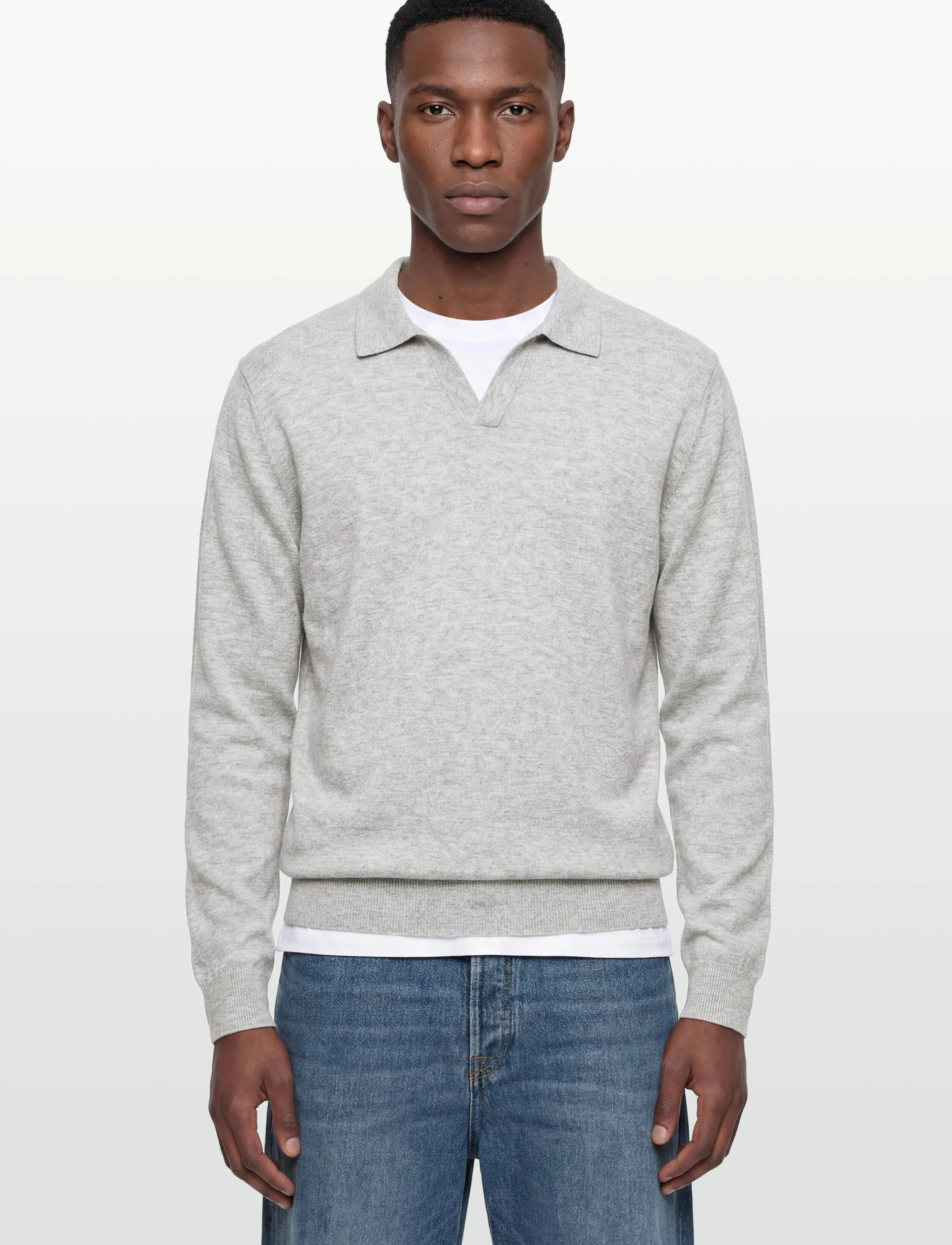 Lindbergh - Ecovero L/S v-neck polo - poloer i strik med lange ærmer - fair grey mel - 3