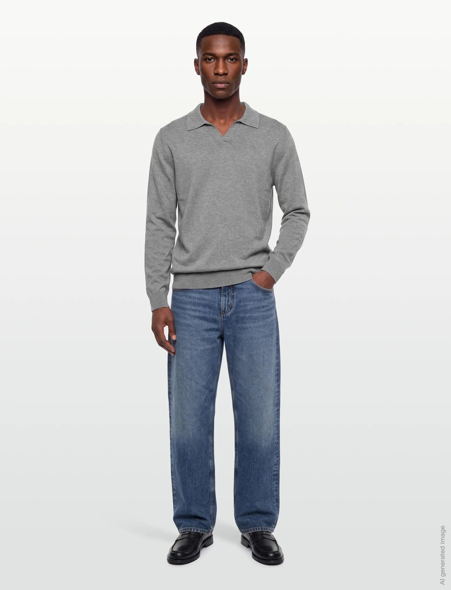 Lindbergh - Ecovero L/S v-neck polo - langärmelige strick-polohemden - grey stone mix - 0