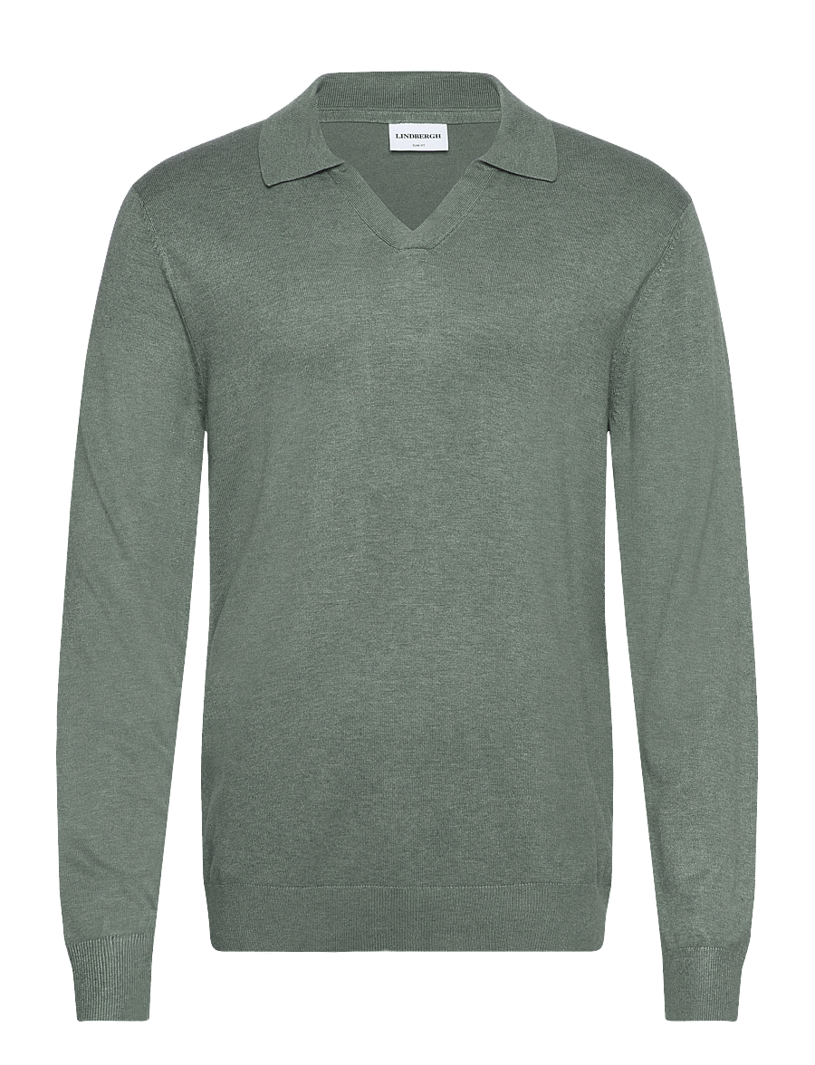 Lindbergh - Ecovero L/S v-neck polo - langärmelige gestrickte polohemden - jade green mel - 1