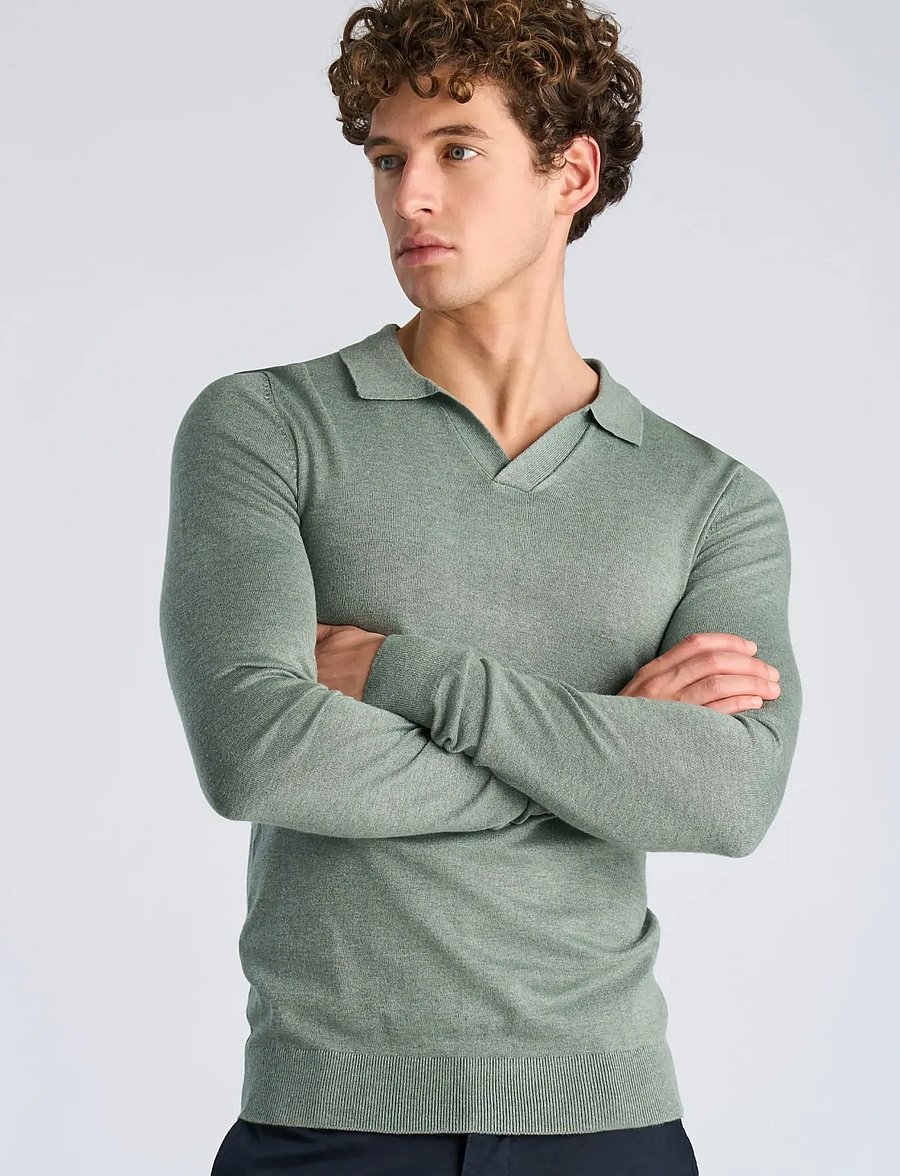 Lindbergh - Ecovero L/S v-neck polo - langärmelige gestrickte polohemden - jade green mel - 3