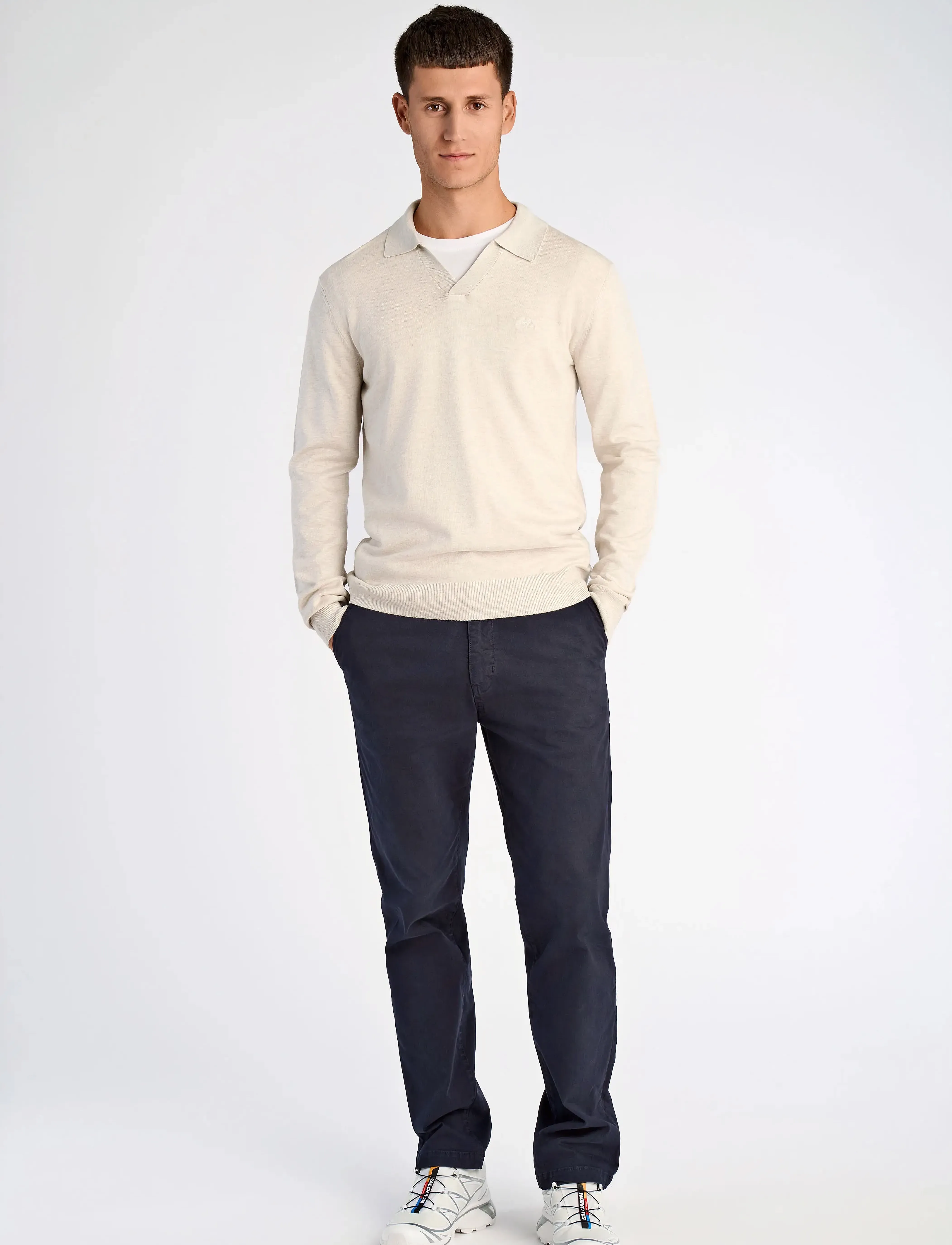 Lindbergh - Ecovero L/S v-neck polo - long-sleeved knitted polos - off white mel - 3