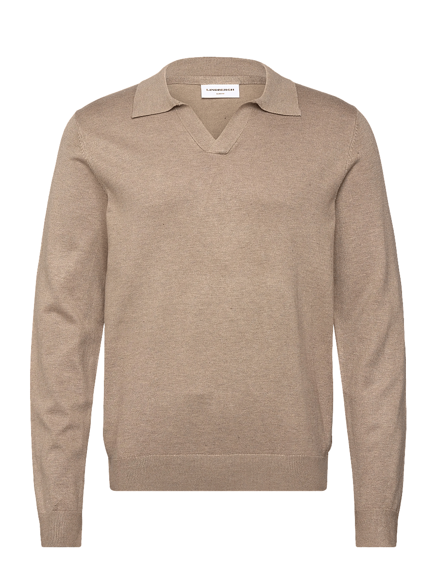 Lindbergh - Ecovero L/S v-neck polo - langärmelige gestrickte polohemden - sand mel - 1