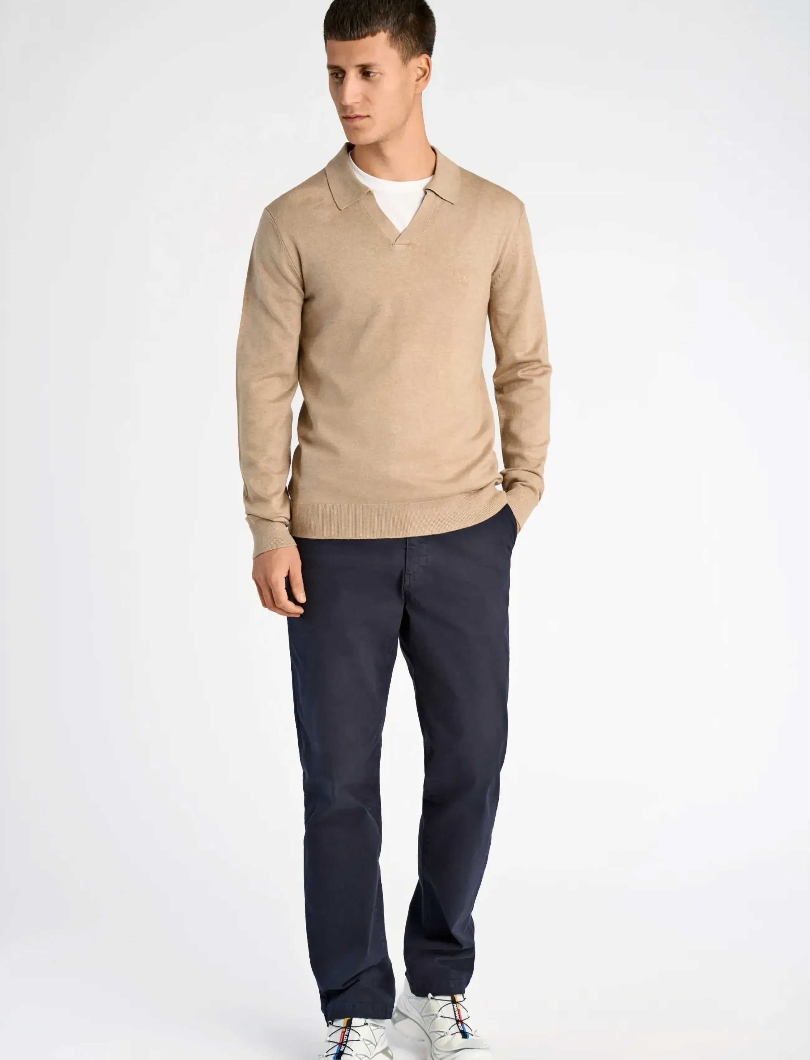 Lindbergh Ecovero L/S v-neck polo - Neulotut poolot - SAND MEL / beige
