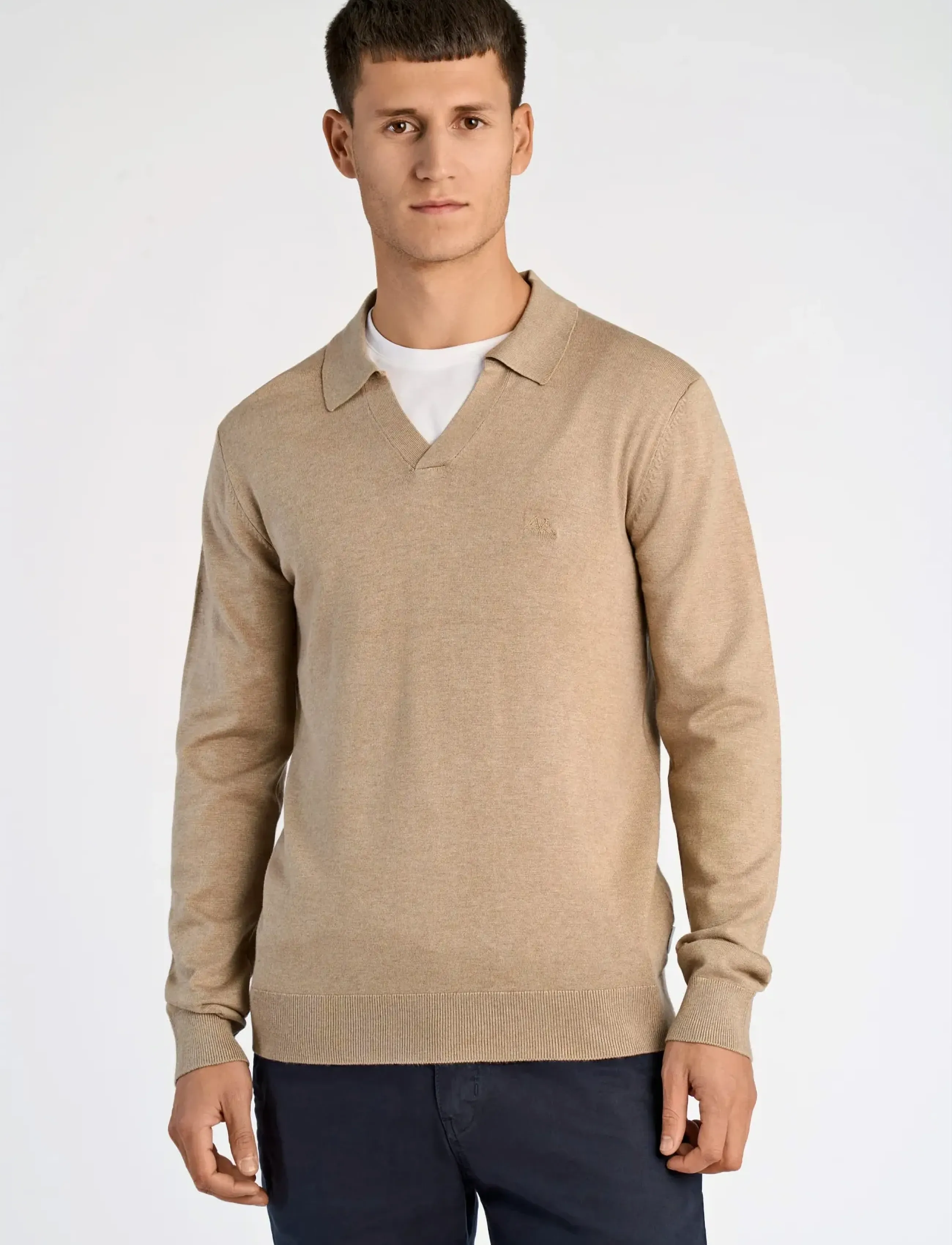 Lindbergh - Ecovero L/S v-neck polo - long-sleeved knitted polos - sand mel - 3