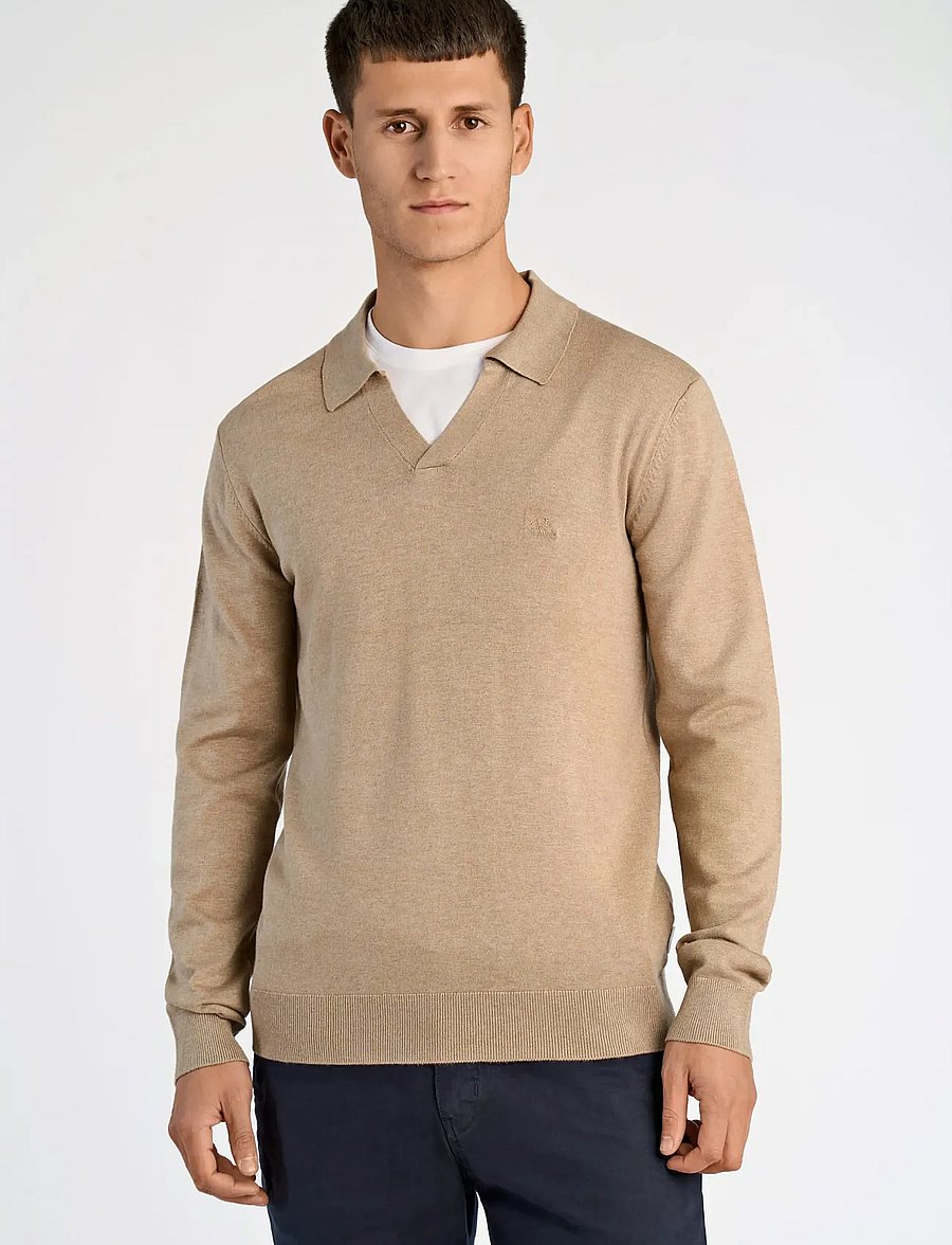 Lindbergh - Ecovero L/S v-neck polo - langärmelige gestrickte polohemden - sand mel - 3