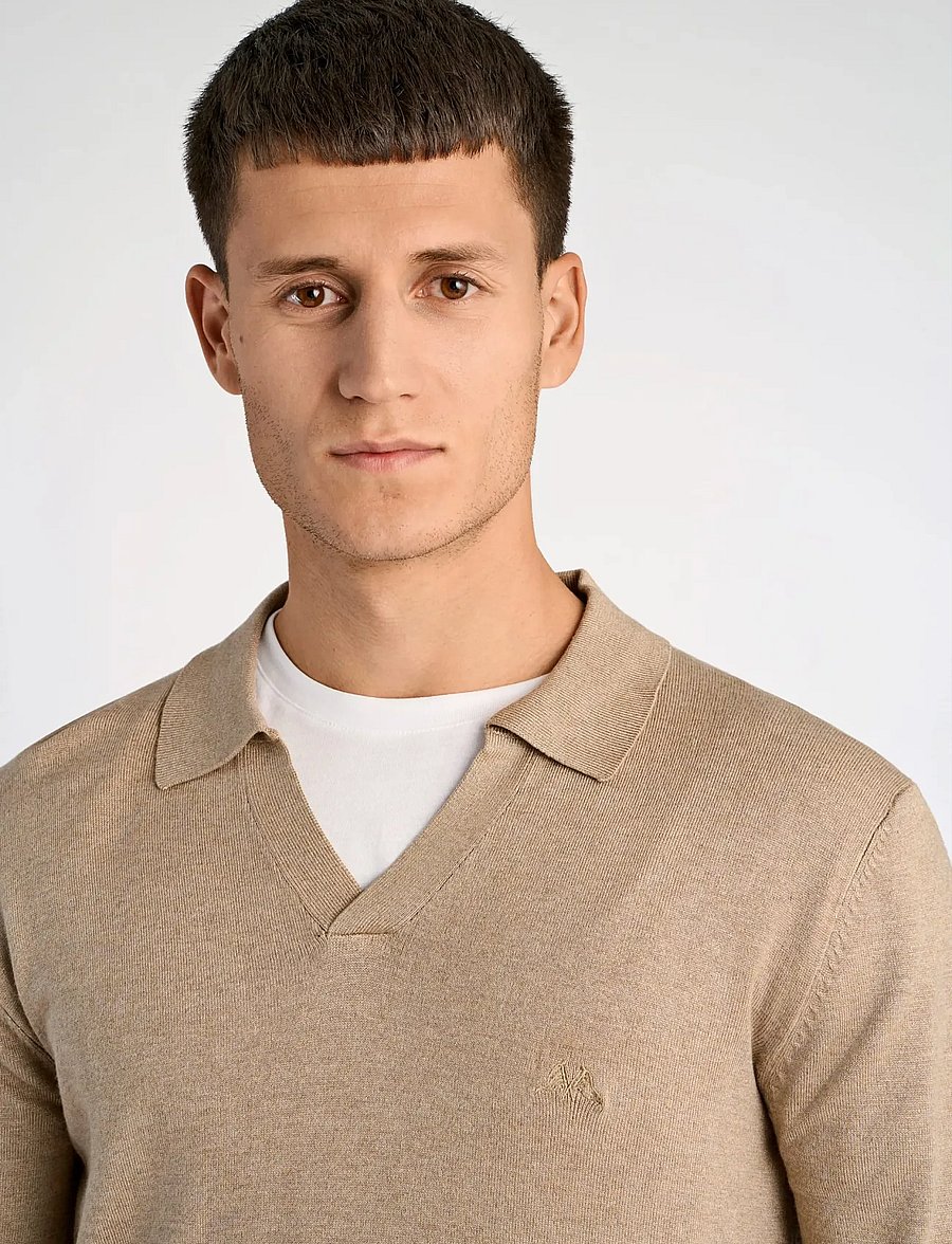 Lindbergh - Ecovero L/S v-neck polo - langärmelige gestrickte polohemden - sand mel - 5