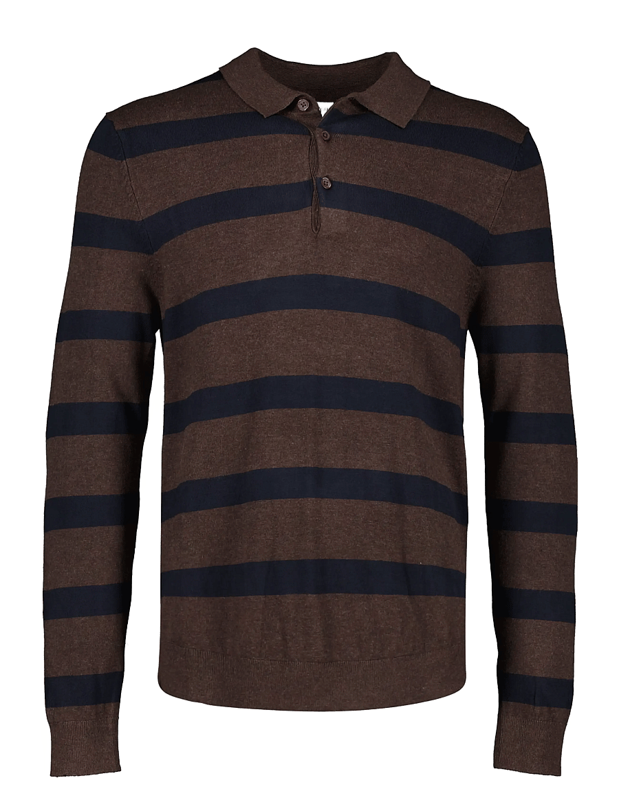 Lindbergh - Ecovero striped L/S polo - dk brown mel - 0