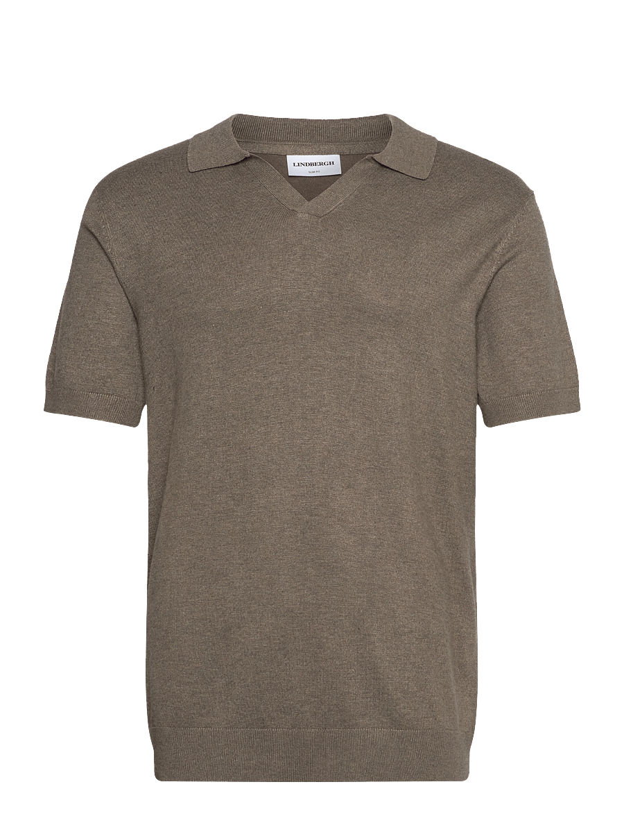 Lindbergh - Ecovero S/S v-neck polo - stickade pikéer - dk sand mel - 1
