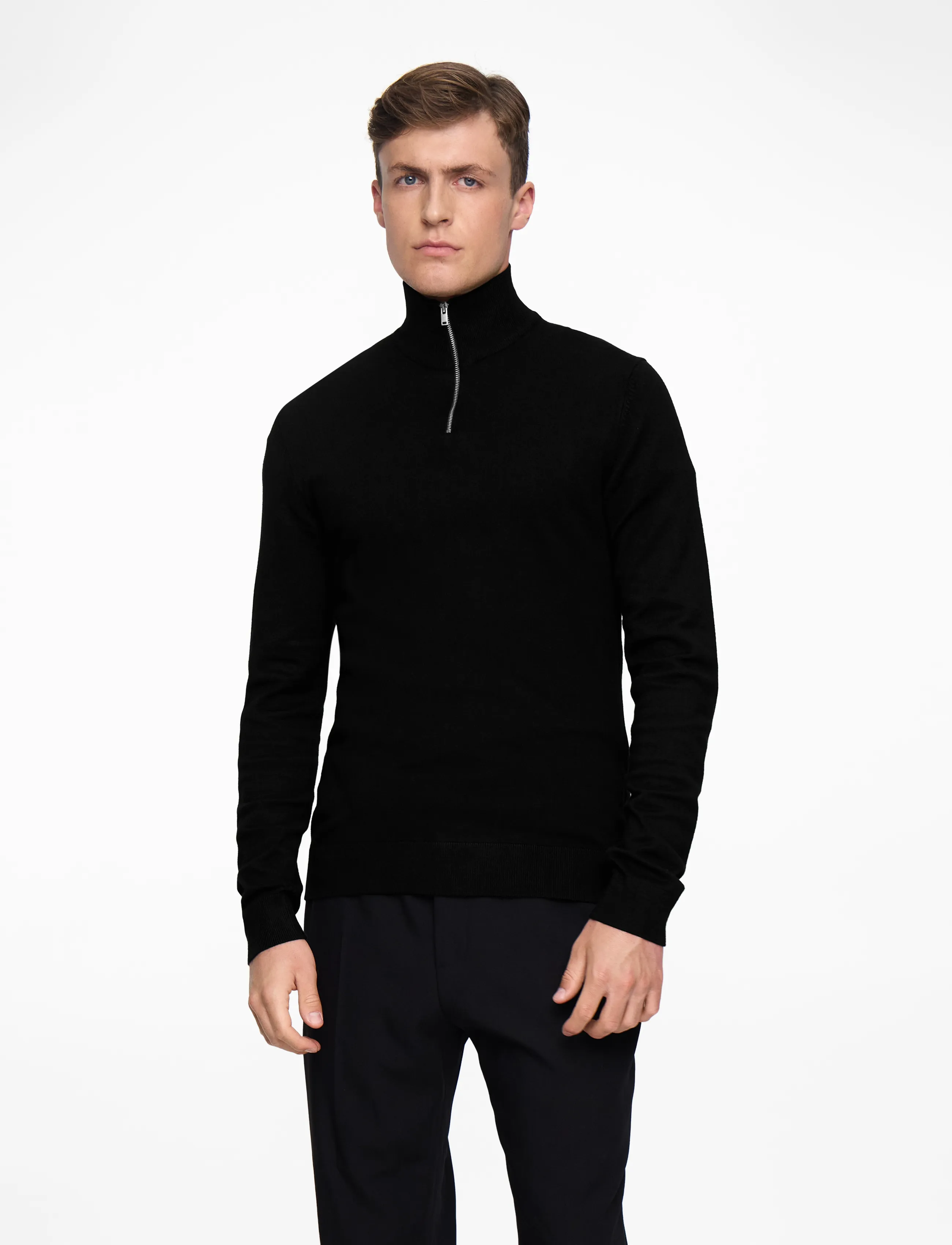 Lindbergh Ecovero half zip L/S knit - Kläder - BLACK / black