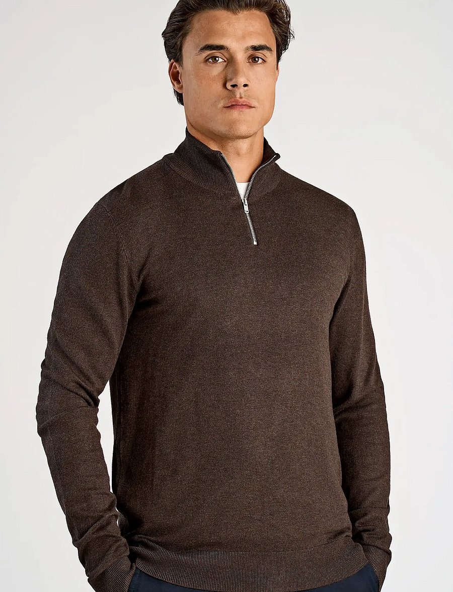 Lindbergh - Ecovero half zip L/S knit - pullover mit halbem reißverschluss - dk brown mel - 0