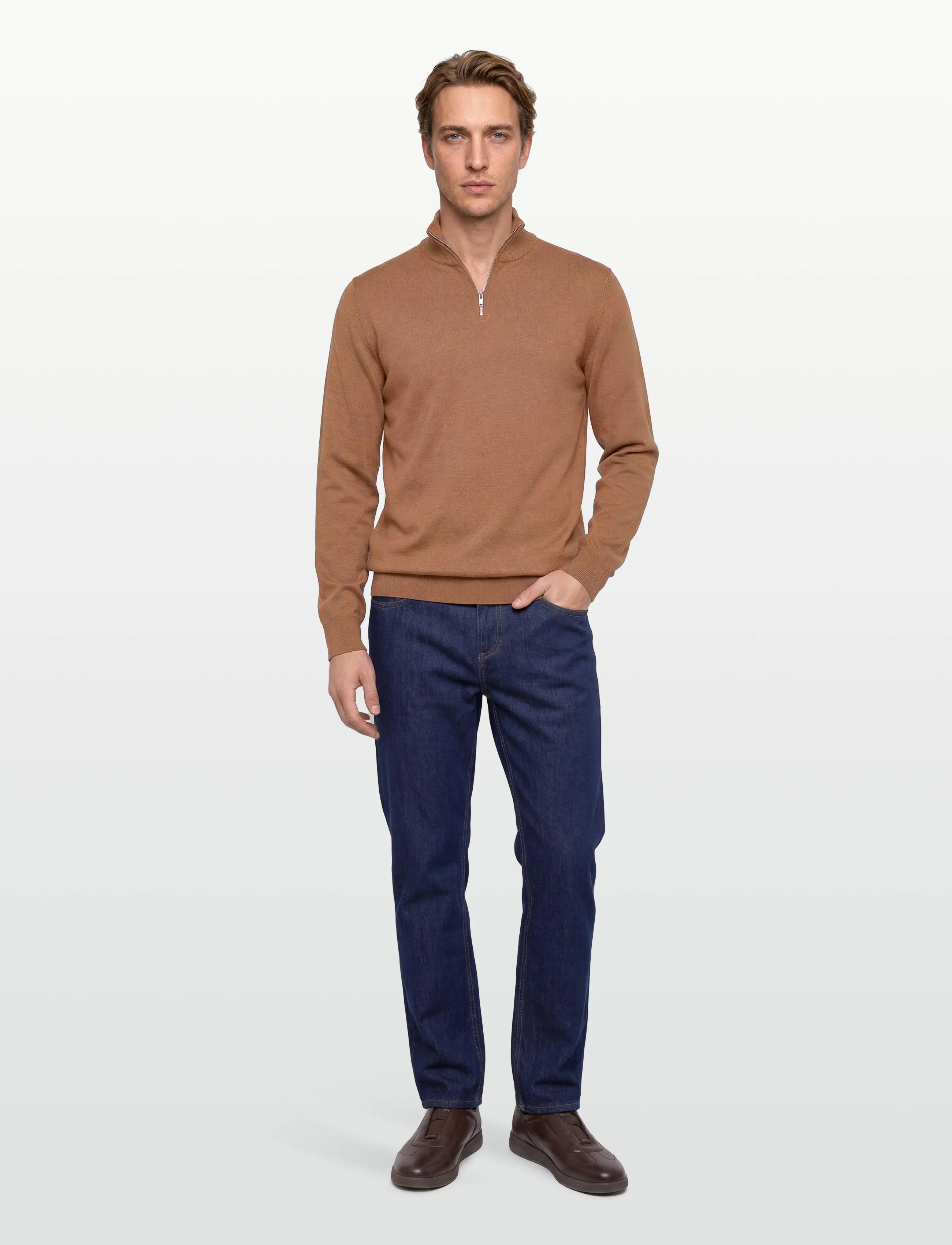 Lindbergh - Ecovero half zip L/S knit - män - dk camel mel - 0