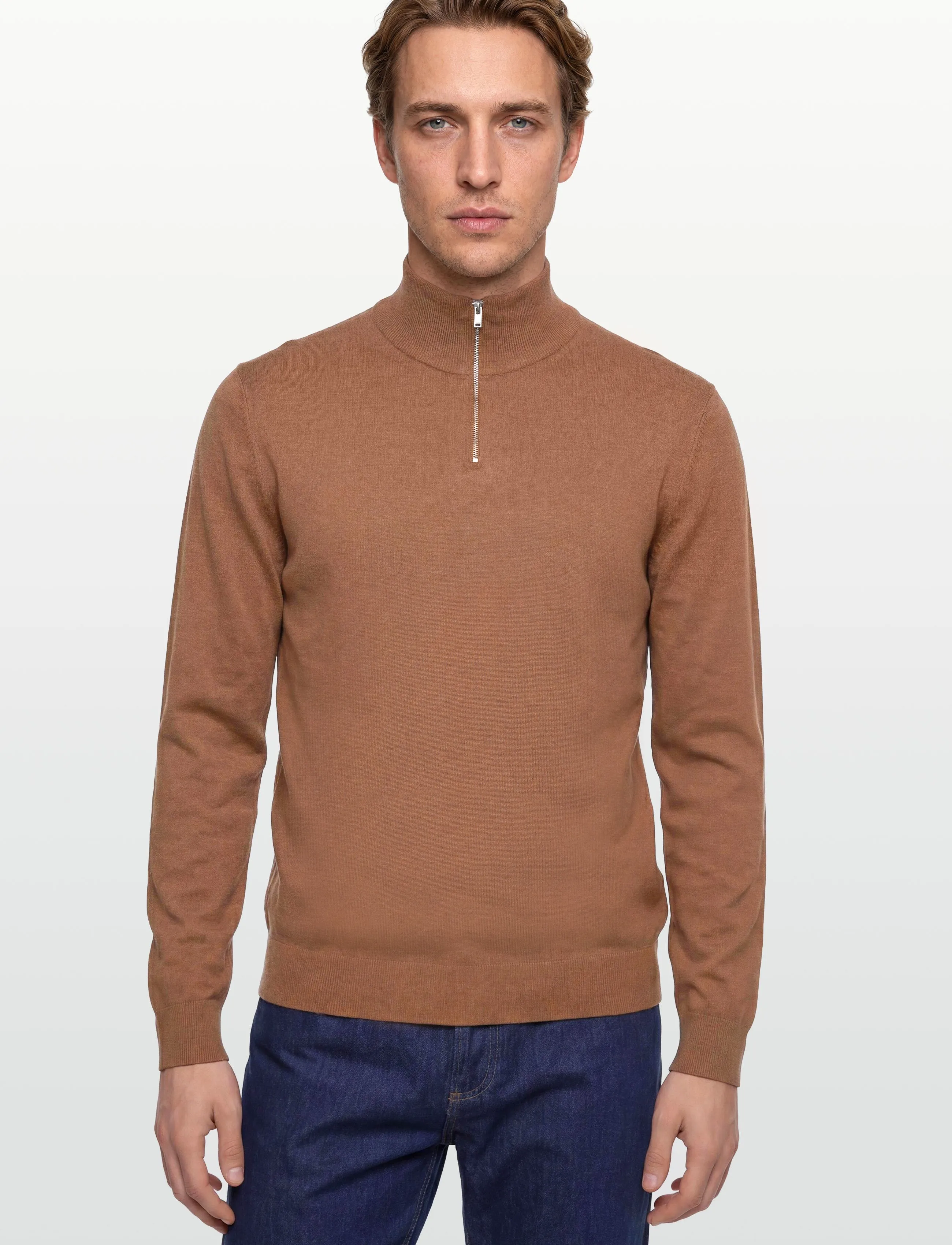 Lindbergh - Ecovero half zip L/S knit - män - dk camel mel - 3