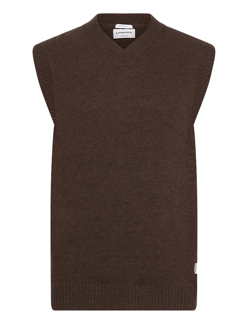 Lindbergh - Lambswool v-neck slipover - stickade västar - dk brown mel - 1