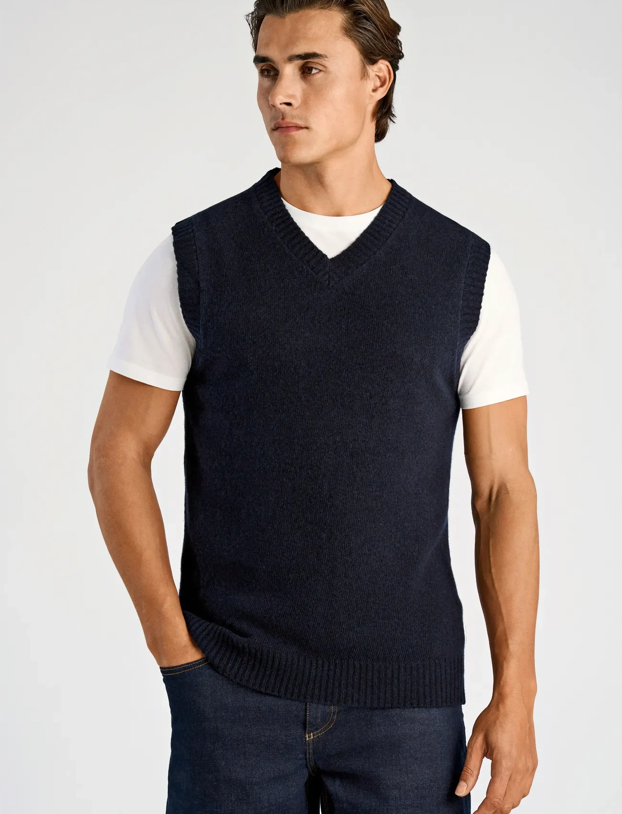 Lindbergh Lambswool V-Neck Slipover, M, Navy, Strik > Strikkede Veste, Herre