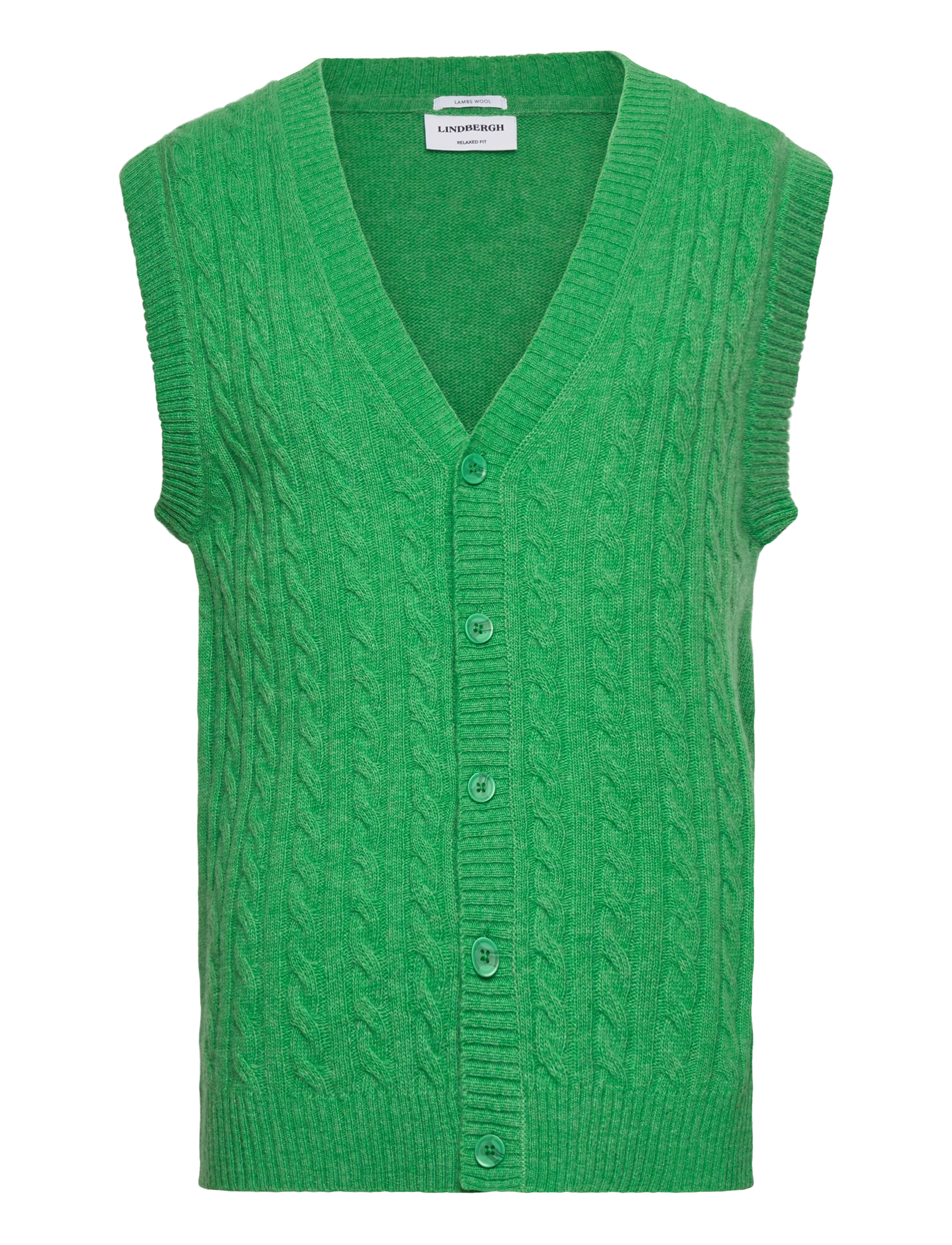Lindbergh Lambswool Button Slipover, Mænd, Kabelstrikket Knappet V-Hals Slipover, Grøn, Str: M