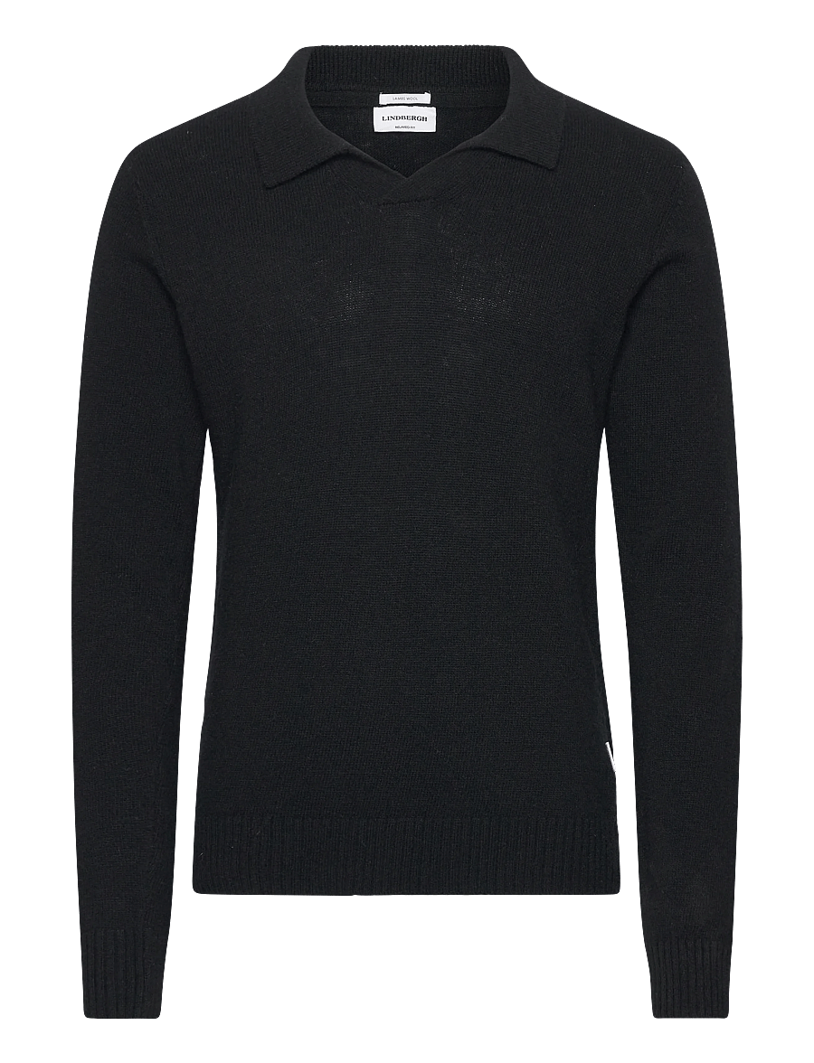 Lindbergh - Lambswool L/S v-neck polo - langärmelige strick-polohemden - black - 1