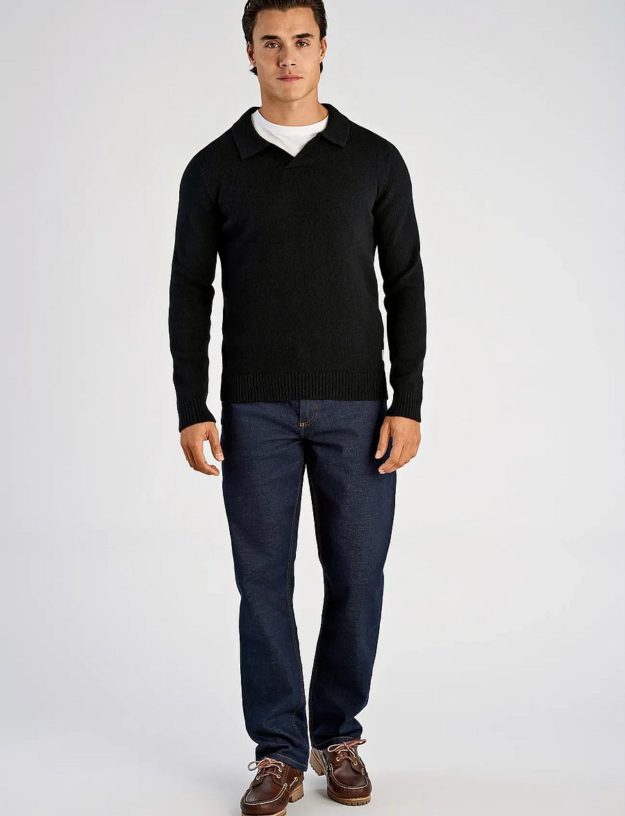 Lindbergh - Lambswool L/S v-neck polo - langärmelige strick-polohemden - black - 4