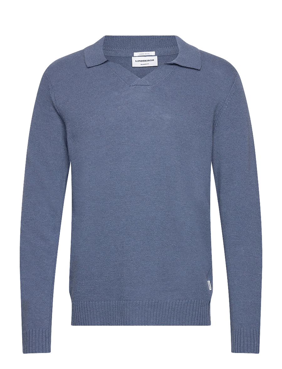 Lindbergh - Lambswool L/S v-neck polo - langärmelige strick-polohemden - blue ice mel - 0