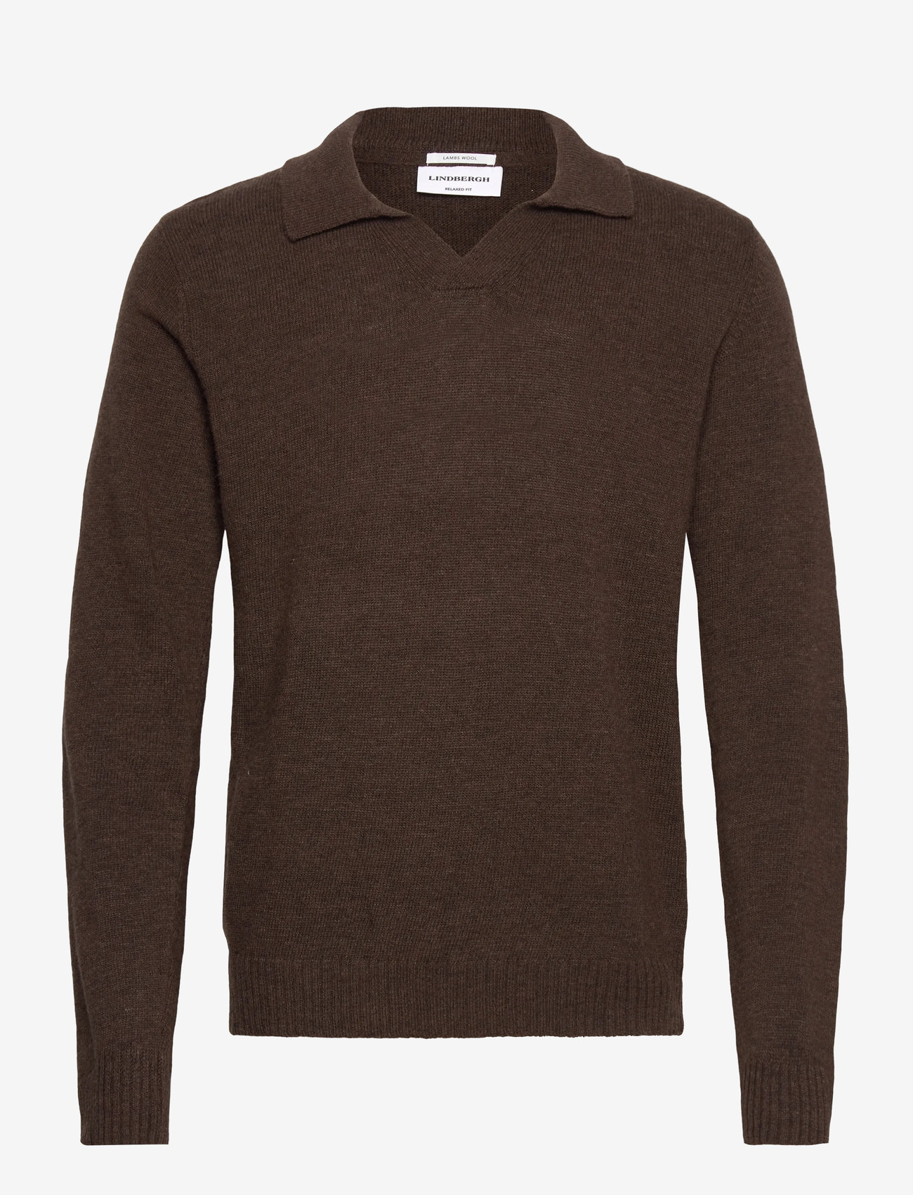 Lindbergh - Lambswool L/S v-neck polo - stickade pikéer - dk brown mel - 0
