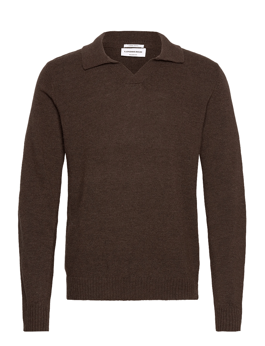 Lindbergh - Lambswool L/S v-neck polo - langärmelige gestrickte polohemden - dk brown mel - 0