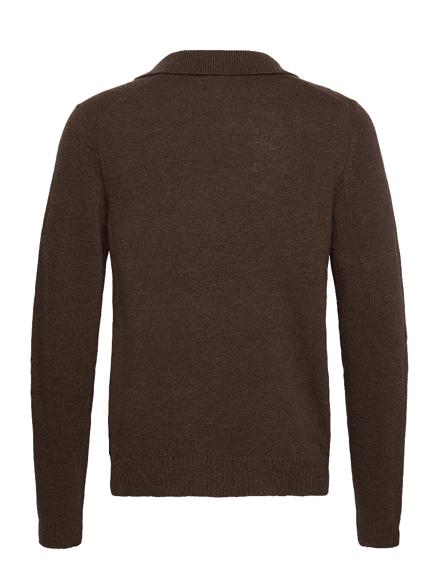 Lindbergh - Lambswool L/S v-neck polo - langärmelige gestrickte polohemden - dk brown mel - 1
