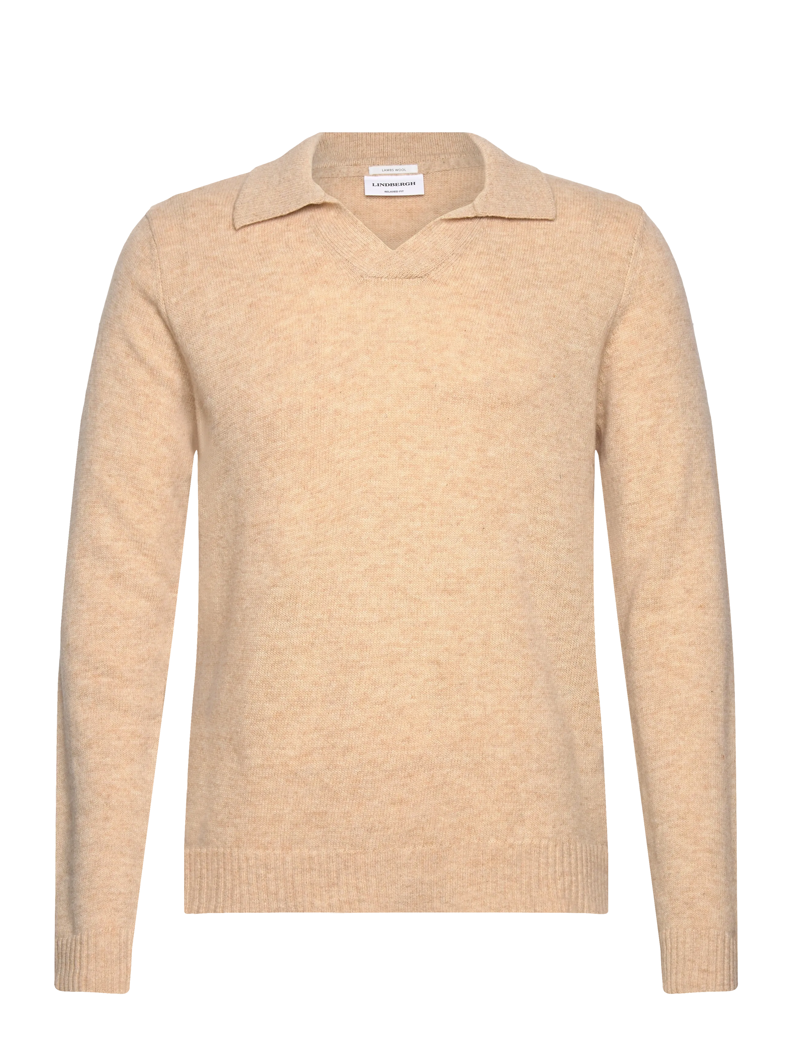 Lindbergh Lambswool L/S v-neck polo - Kudumid - LT SAND MEL / beige