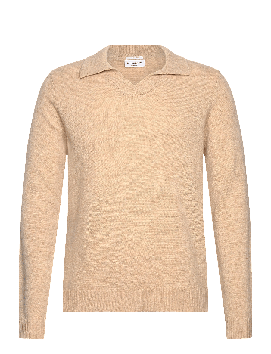 Lindbergh - Lambswool L/S v-neck polo - langärmelige strick-polohemden - lt sand mel - 0
