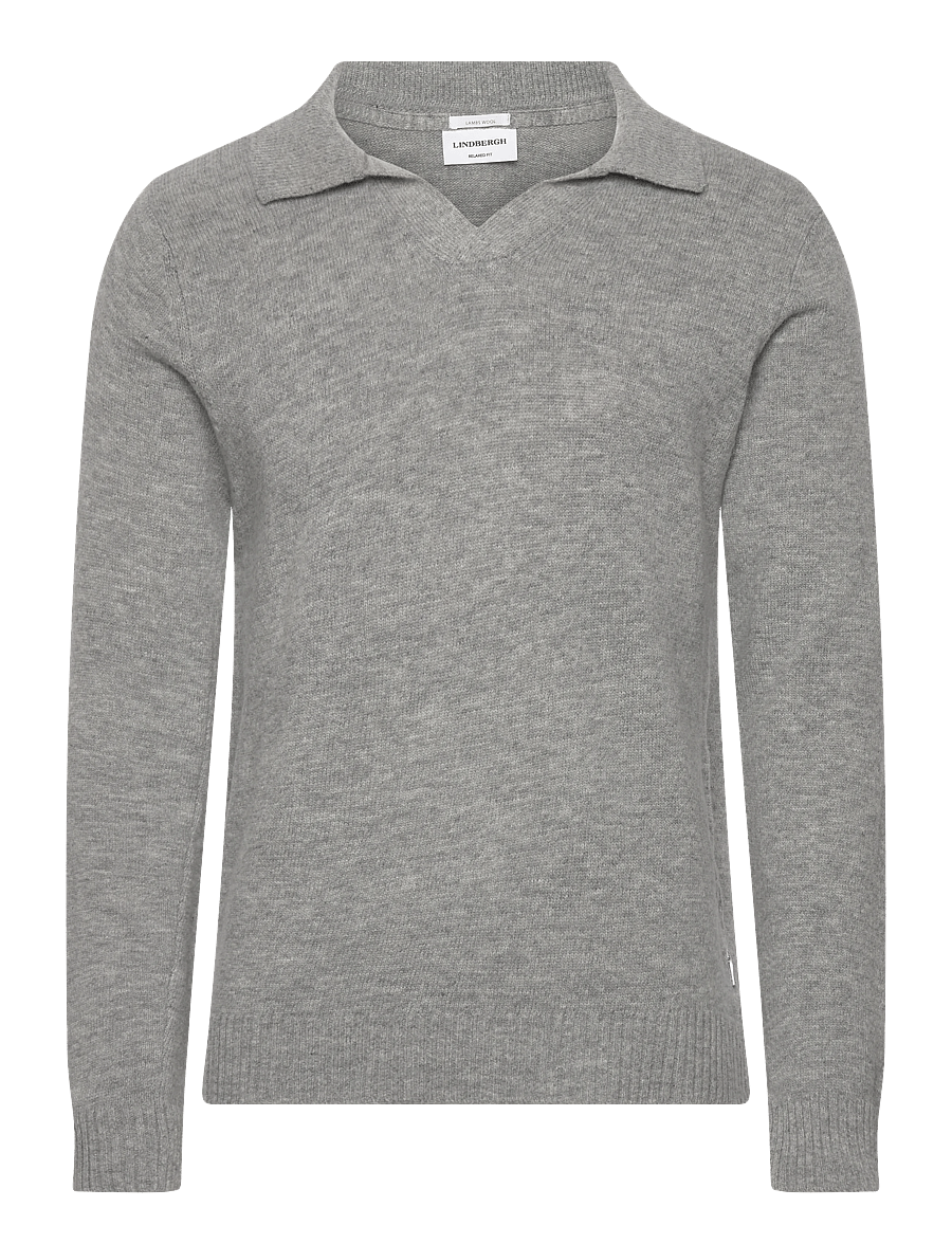 Lindbergh - Lambswool L/S v-neck polo - langärmelige strick-polohemden - mid grey mel - 1