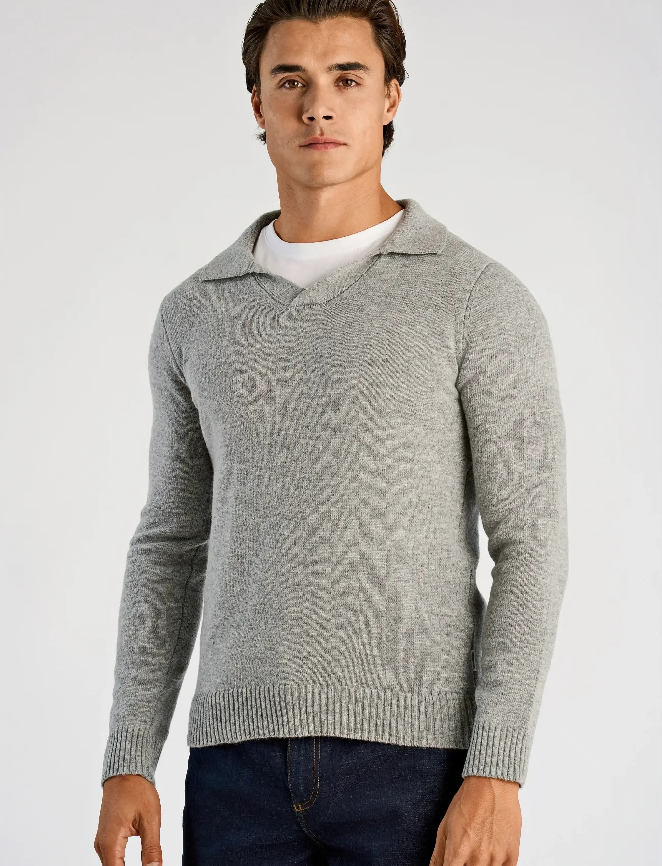 Lindbergh Lambswool L/S v-neck polo - Langärmelige Strick-Polohemden - MID GREY MEL / grey