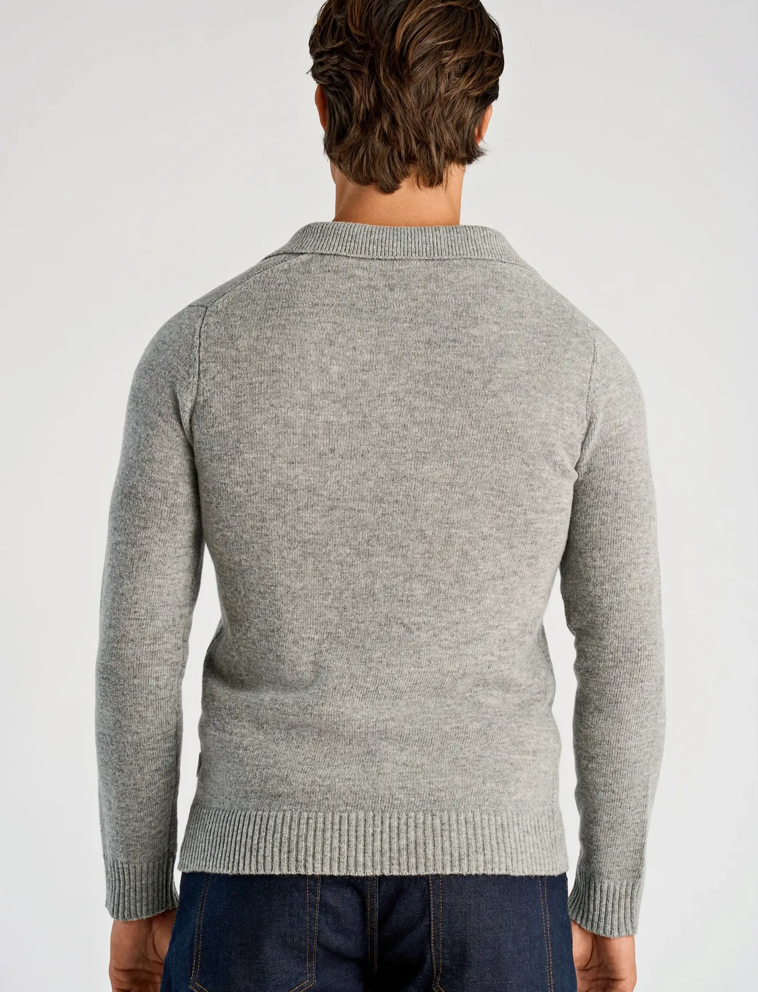 Lindbergh - Lambswool L/S v-neck polo - long-sleeved knitted polos - mid grey mel - 3