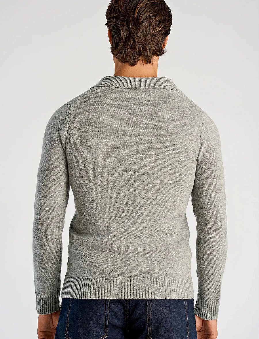 Lindbergh - Lambswool L/S v-neck polo - long-sleeved knitted polos - mid grey mel - 3
