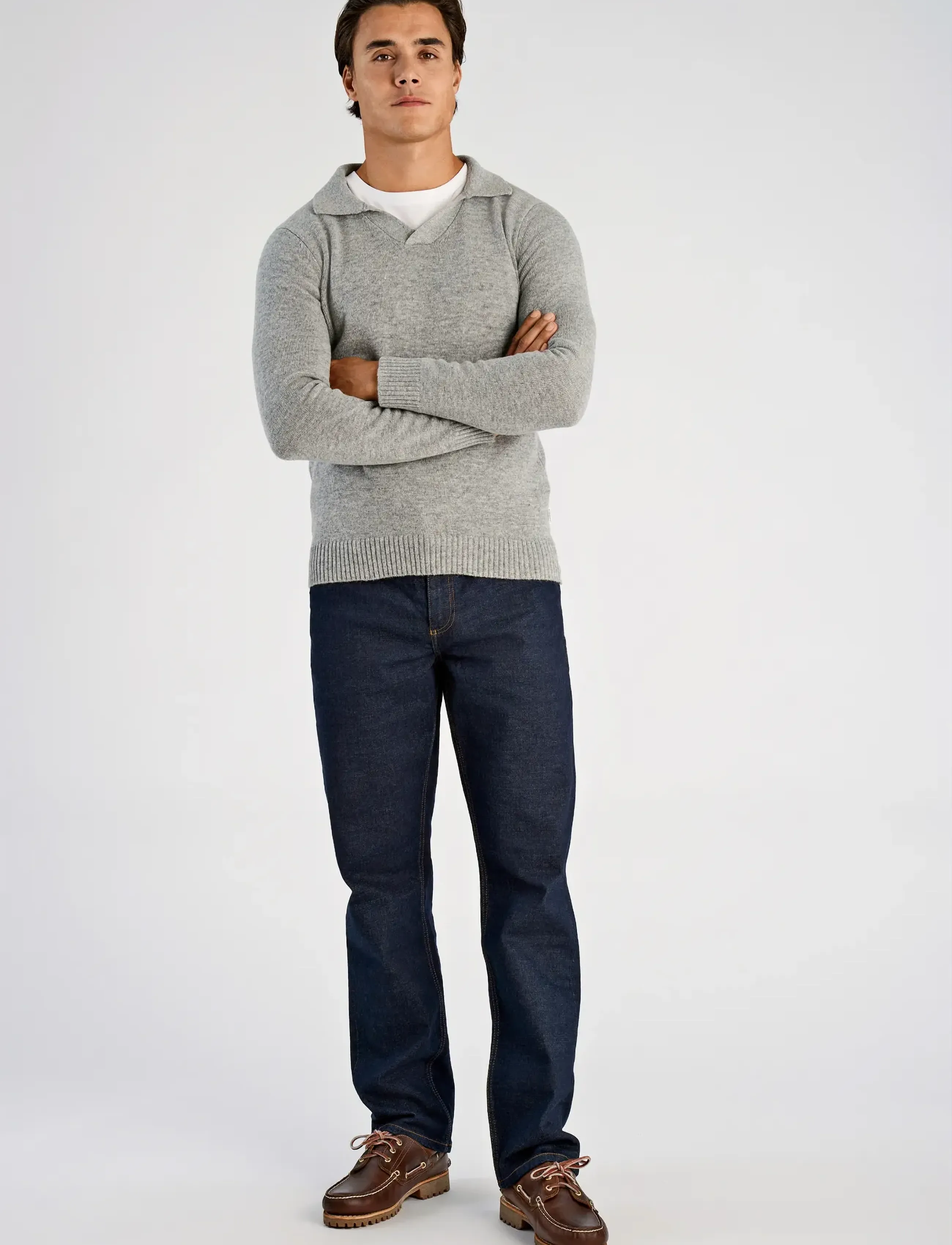 Lindbergh - Lambswool L/S v-neck polo - långärmade stickade pikétröjor - mid grey mel - 4