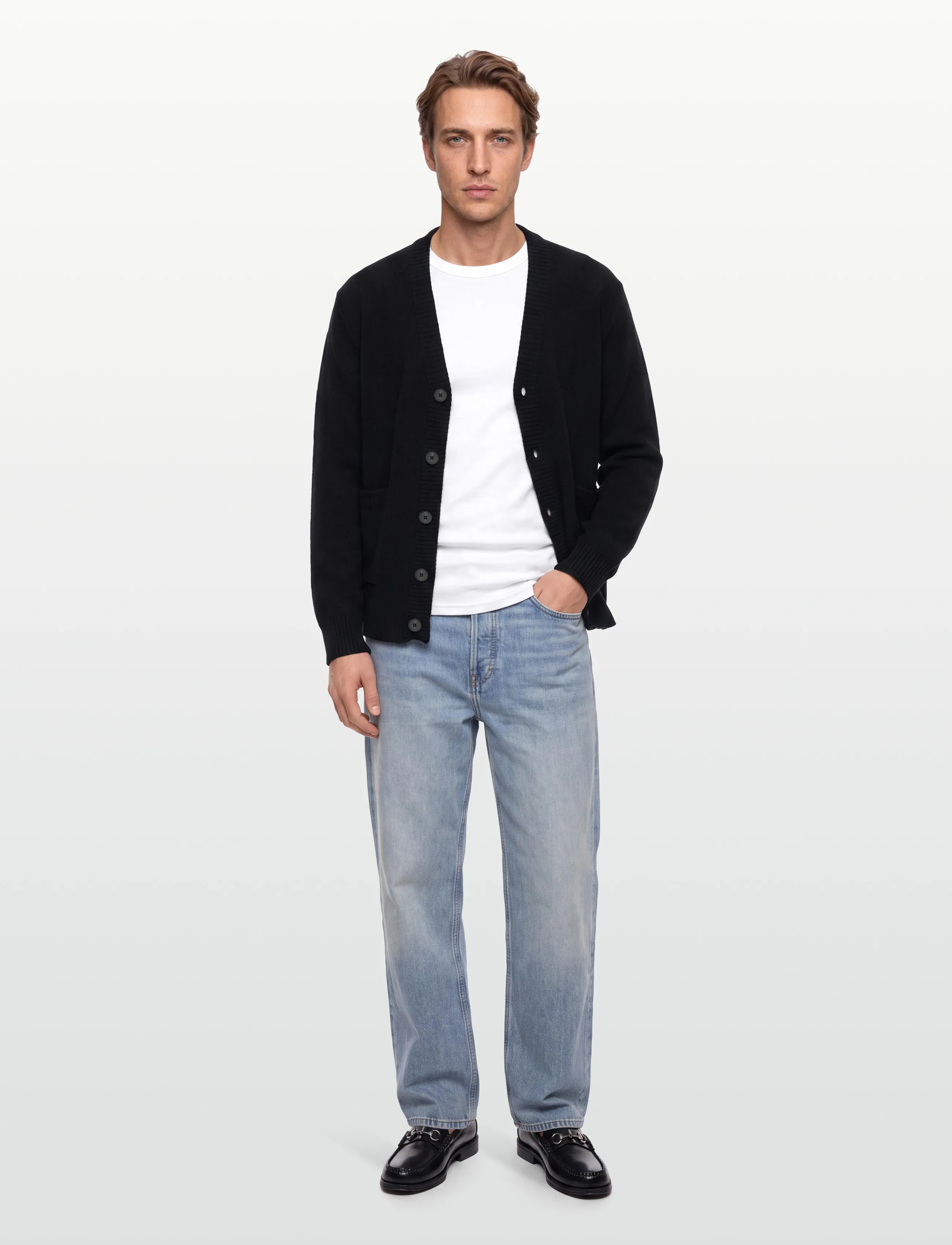 Lindbergh Lambswool Button Cardigan, L, Black, Strik > Cardigans, Herre