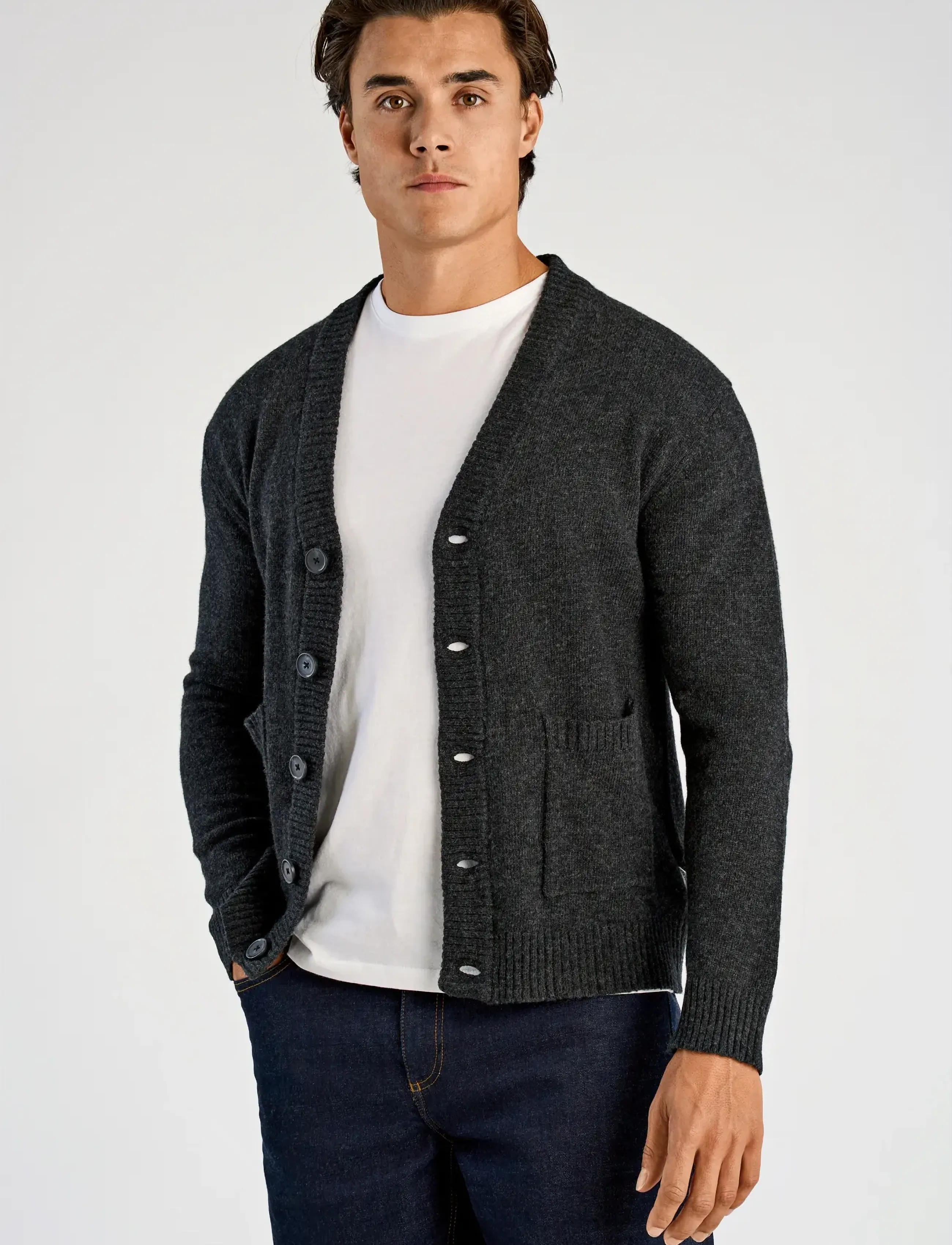 Lindbergh Lambswool Button Cardigan, M, Grey, Strik > Cardigans, Herre