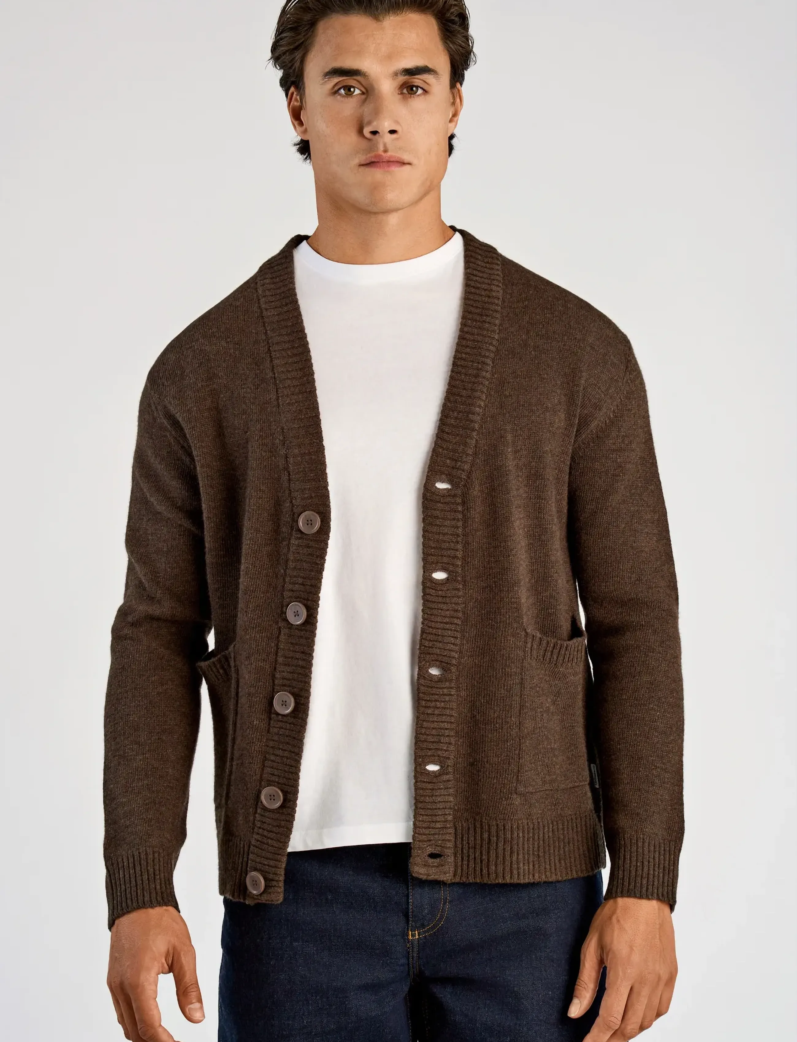Lindbergh Lambswool Button Cardigan, Mænd, Knap Cardigan, Brun, Str: XXL