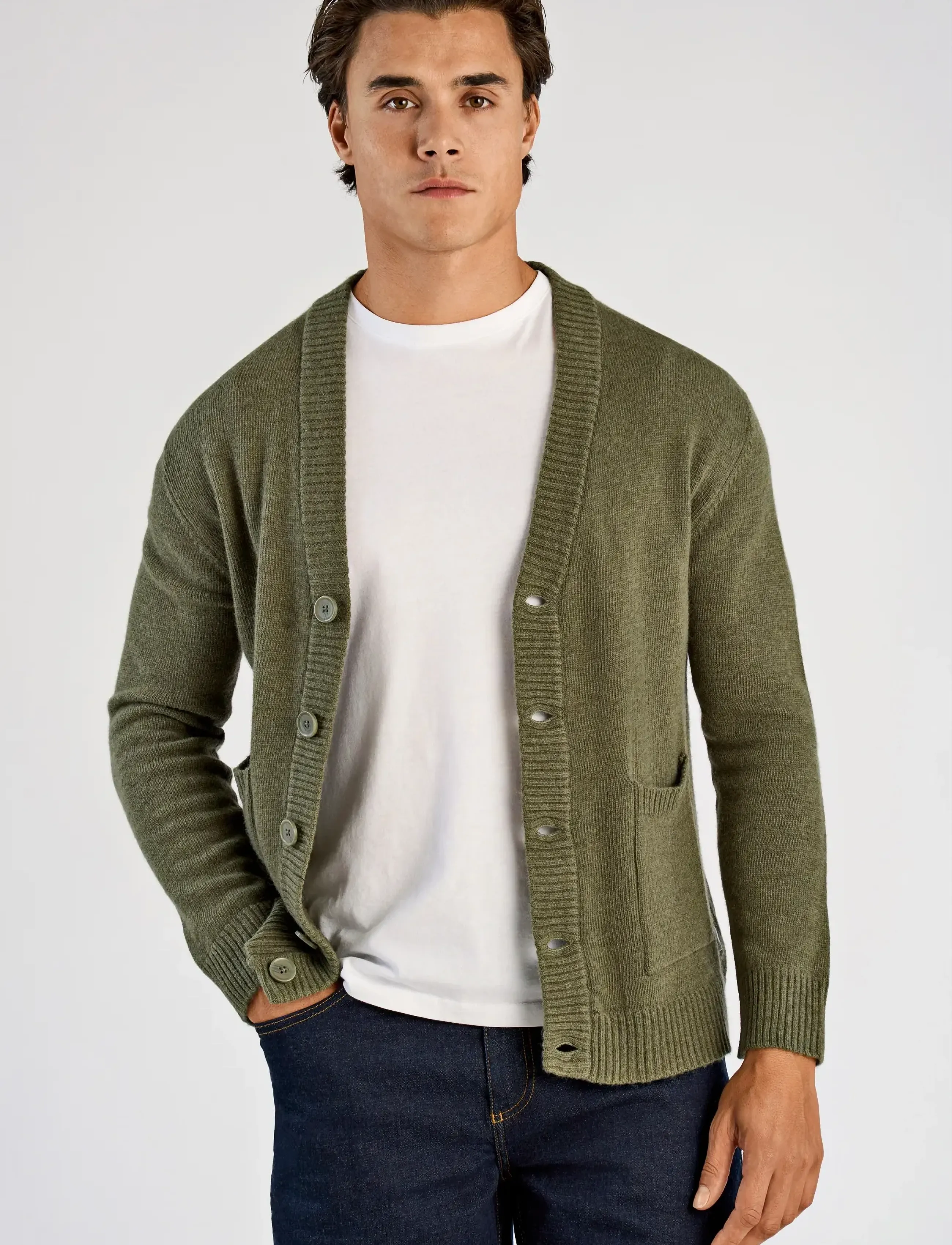 Lindbergh Lambswool Button Cardigan, M, Khaki green, Strik > Cardigans, Herre