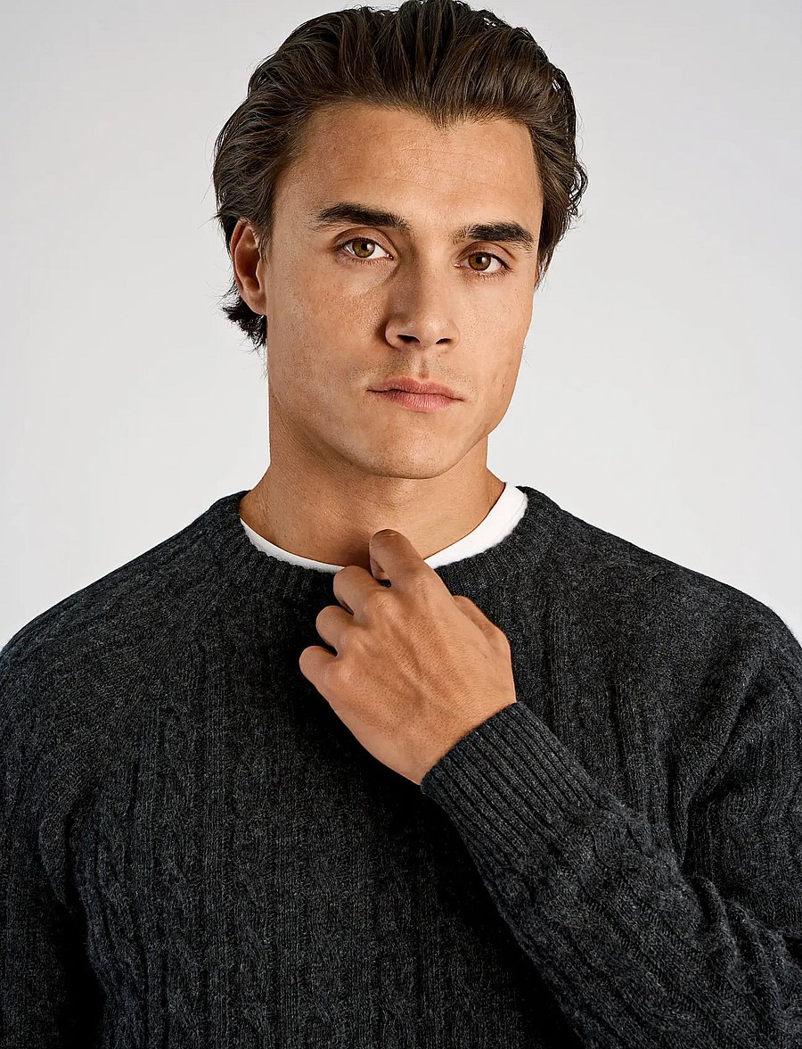 Lindbergh - Lambswool raglan cable o-neck knit - rundhals - charcoal mel - 5