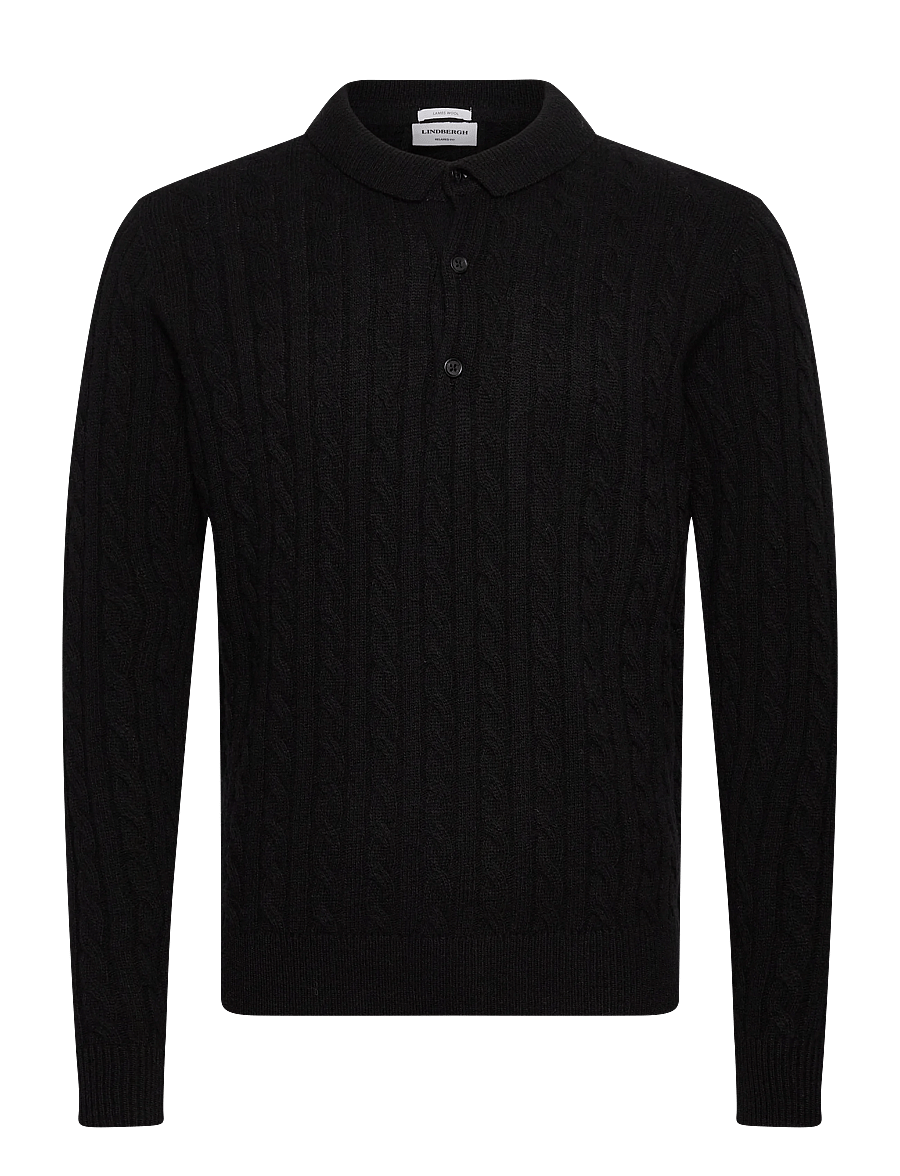 Lindbergh - Lambswool L/S button polo - långärmade stickade pikétröjor - black - 1