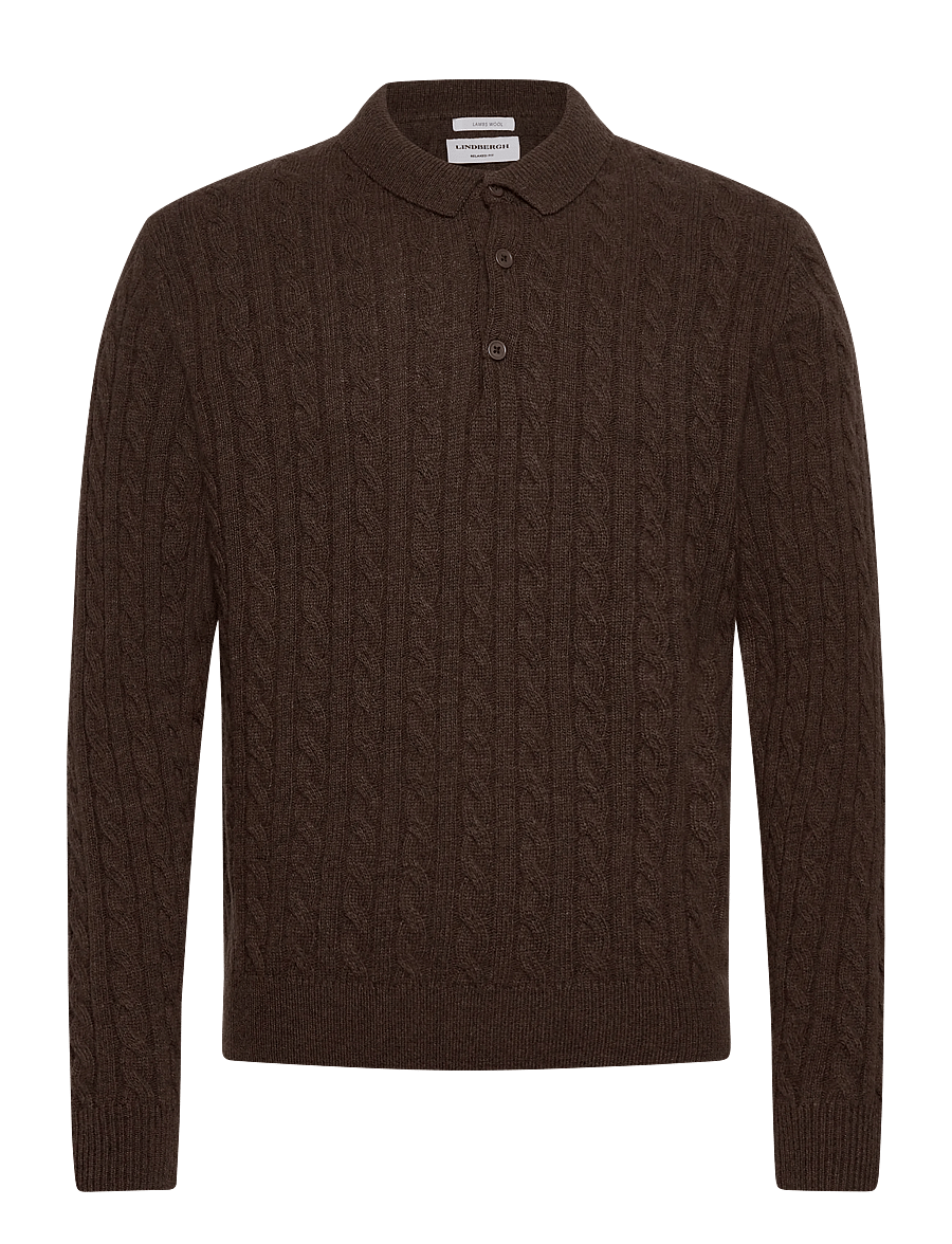 Lindbergh - Lambswool L/S button polo - langärmelige gestrickte polohemden - dk brown mel - 1
