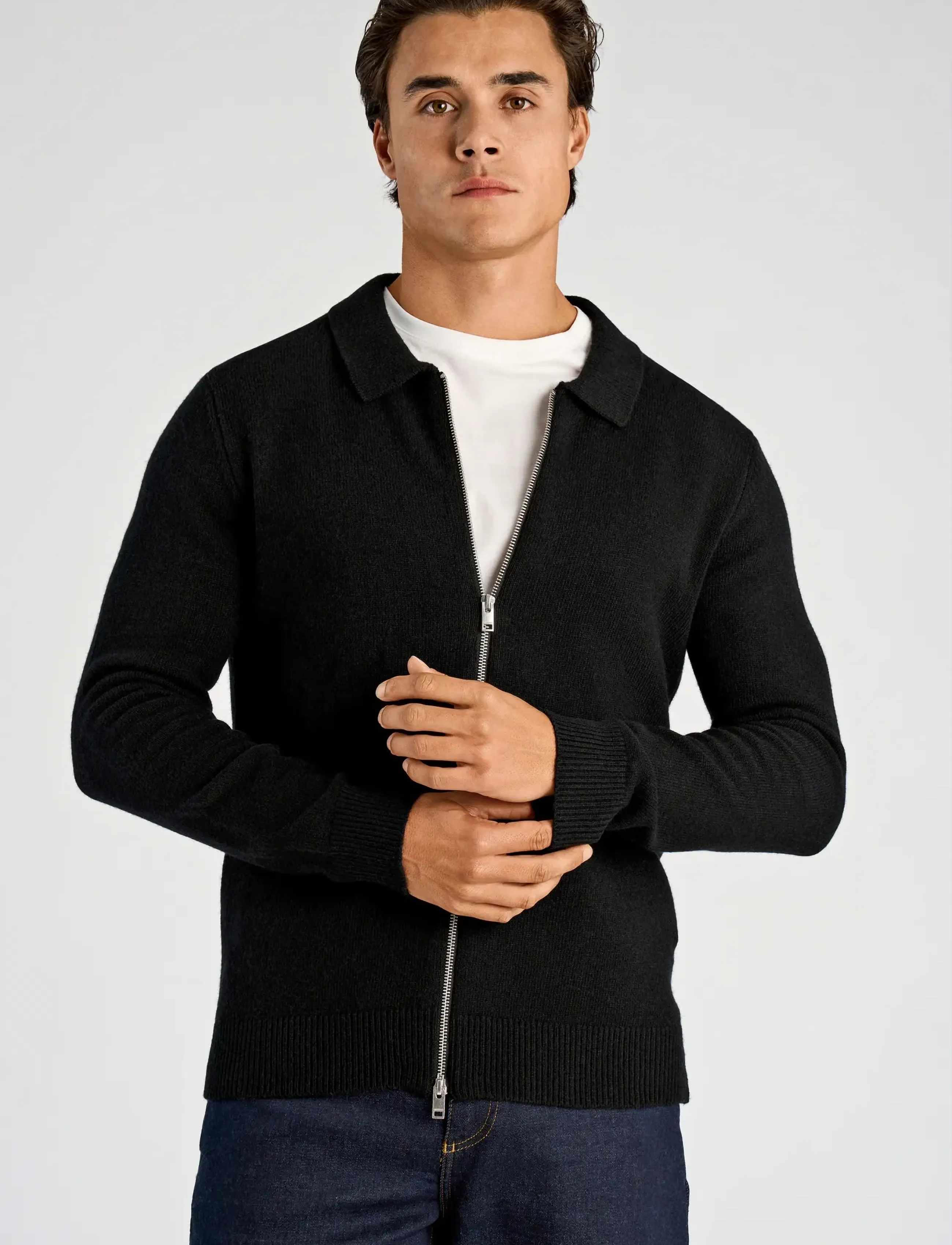 Lindbergh Lambswool L/S Cardigan With 2-Way Zip, L, Knitwear, Schwarz - Cardigans, Männerswear