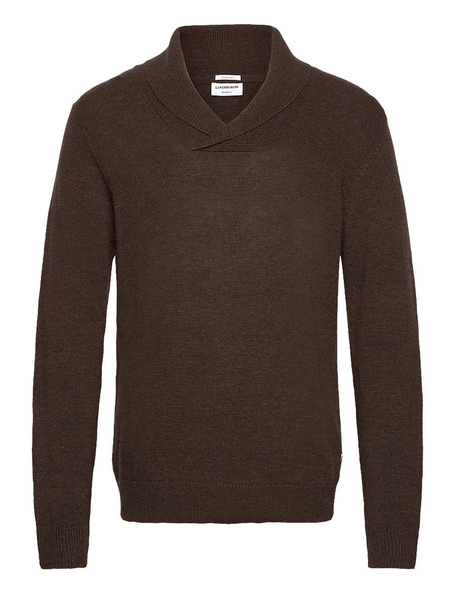 Lindbergh - Lambswool L/S shawl collar knit - v-ausschnitt - dk brown mel - 0