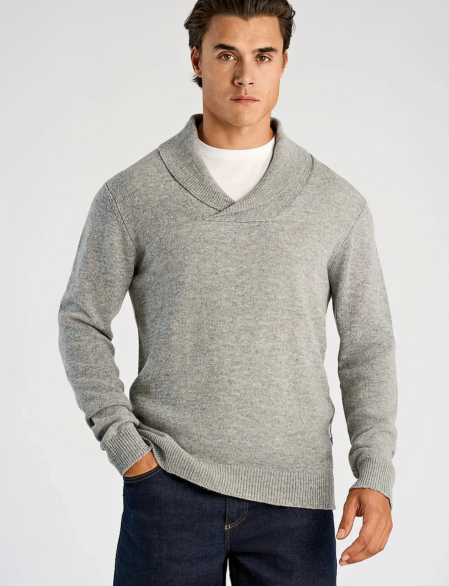 Lindbergh - Lambswool L/S shawl collar knit - v-hals - mid grey mel - 0