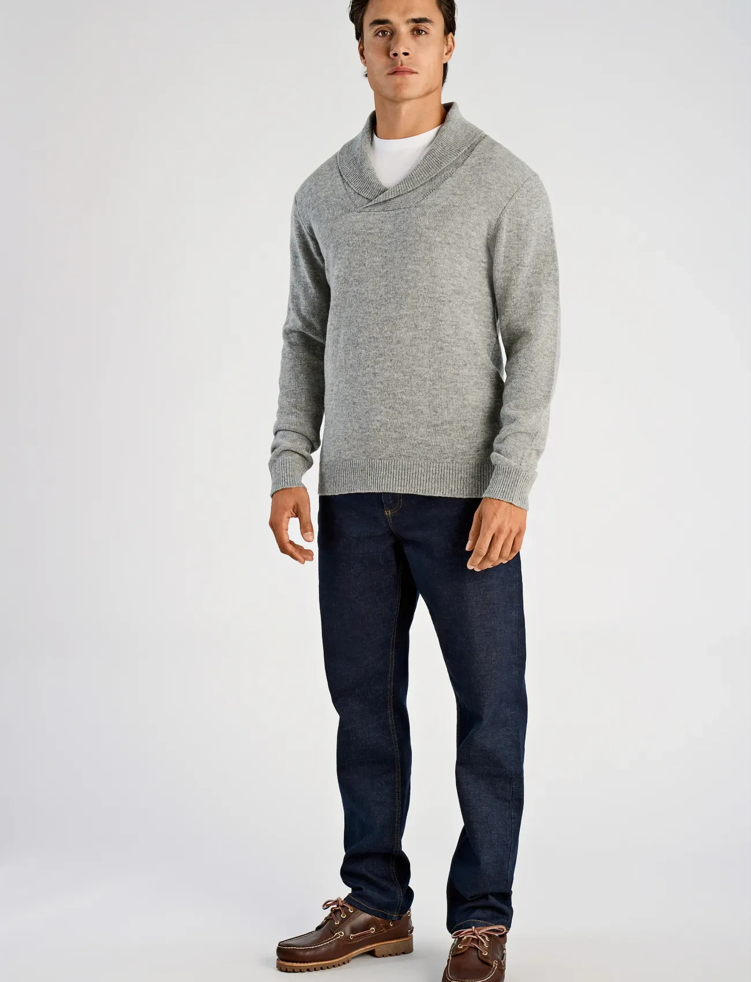 Lindbergh - Lambswool L/S shawl collar knit - v-ausschnitt - mid grey mel - 4