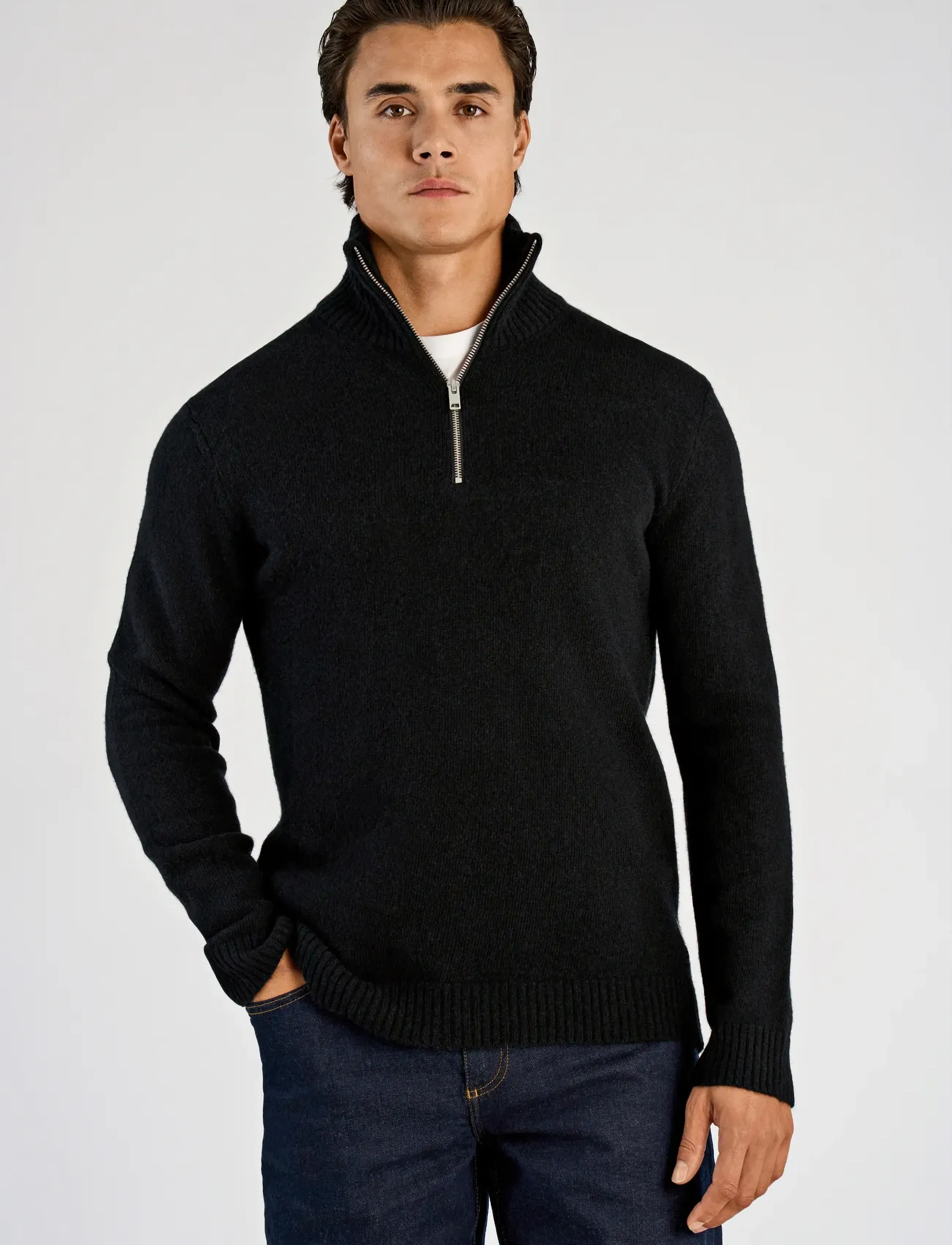 Lindbergh Lambswool half zip knit oversize collar - Kollektionen - BLACK / black