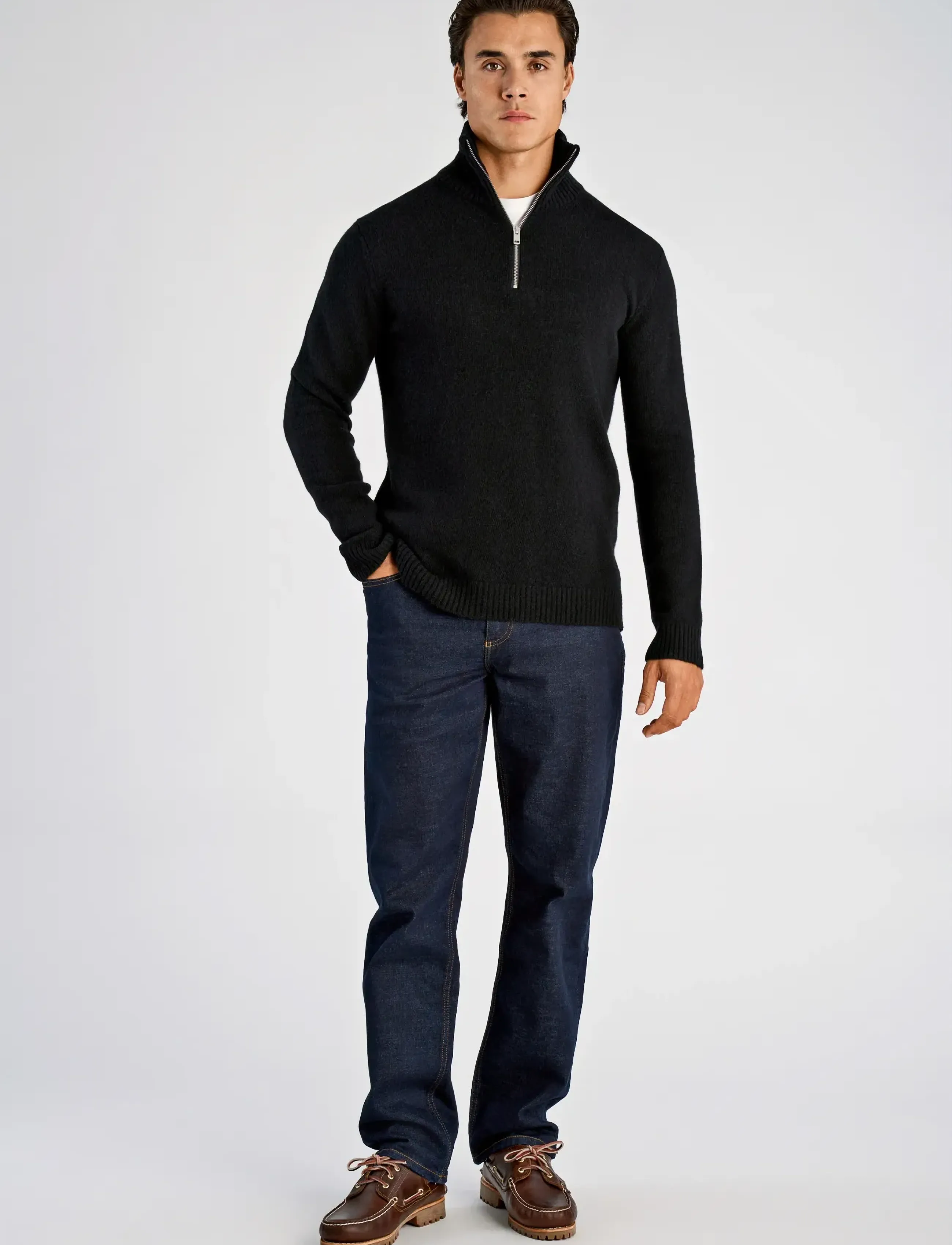 Lindbergh - Lambswool half zip knit oversize collar - halfzip strik - black - 4